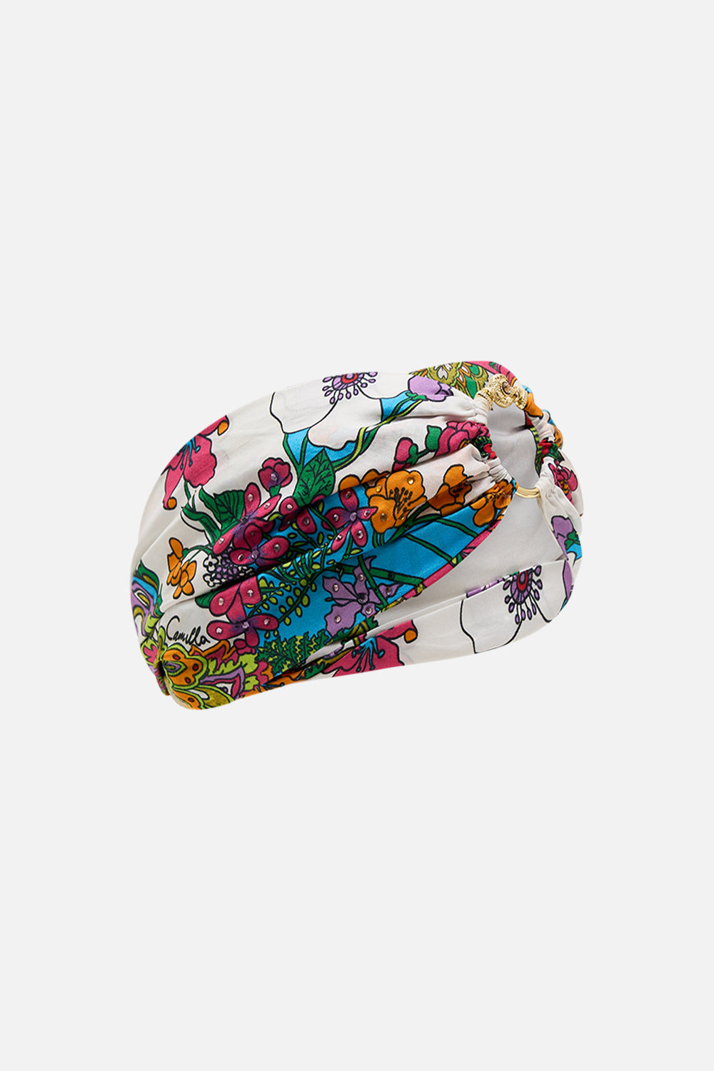 CAMILLA floral ruched underwire bra with removable straps in Stitched in Time print.