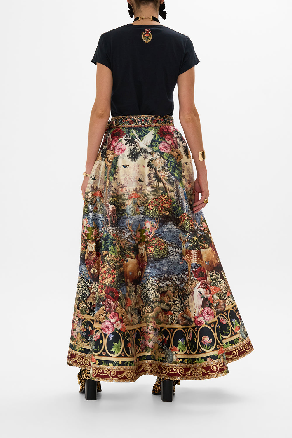 CAMILLA Black Curved Hem Fitted Tee in Tapestry Totems