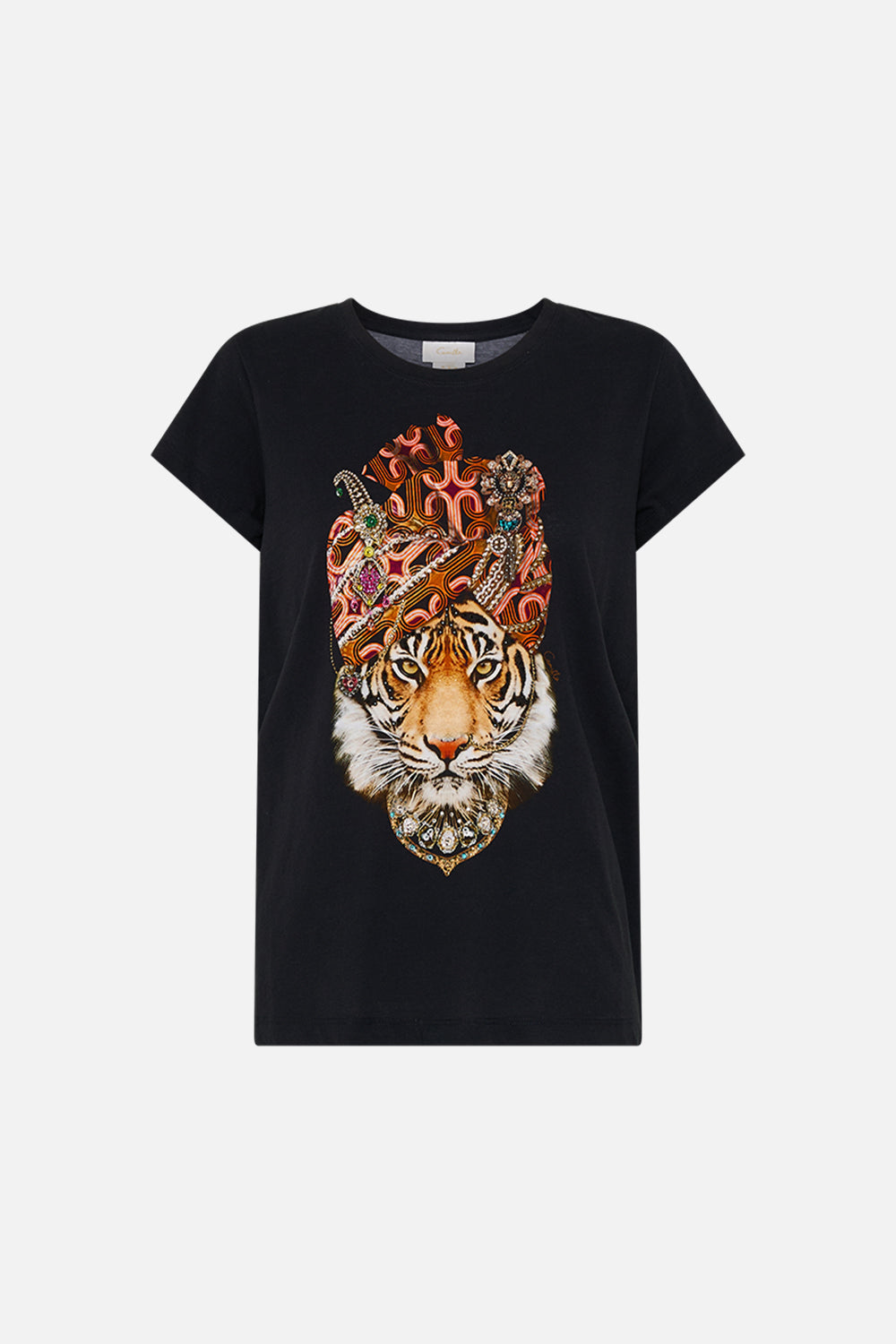 CAMILLA multi curved hem fitted tee in One Night In De Wallen print.