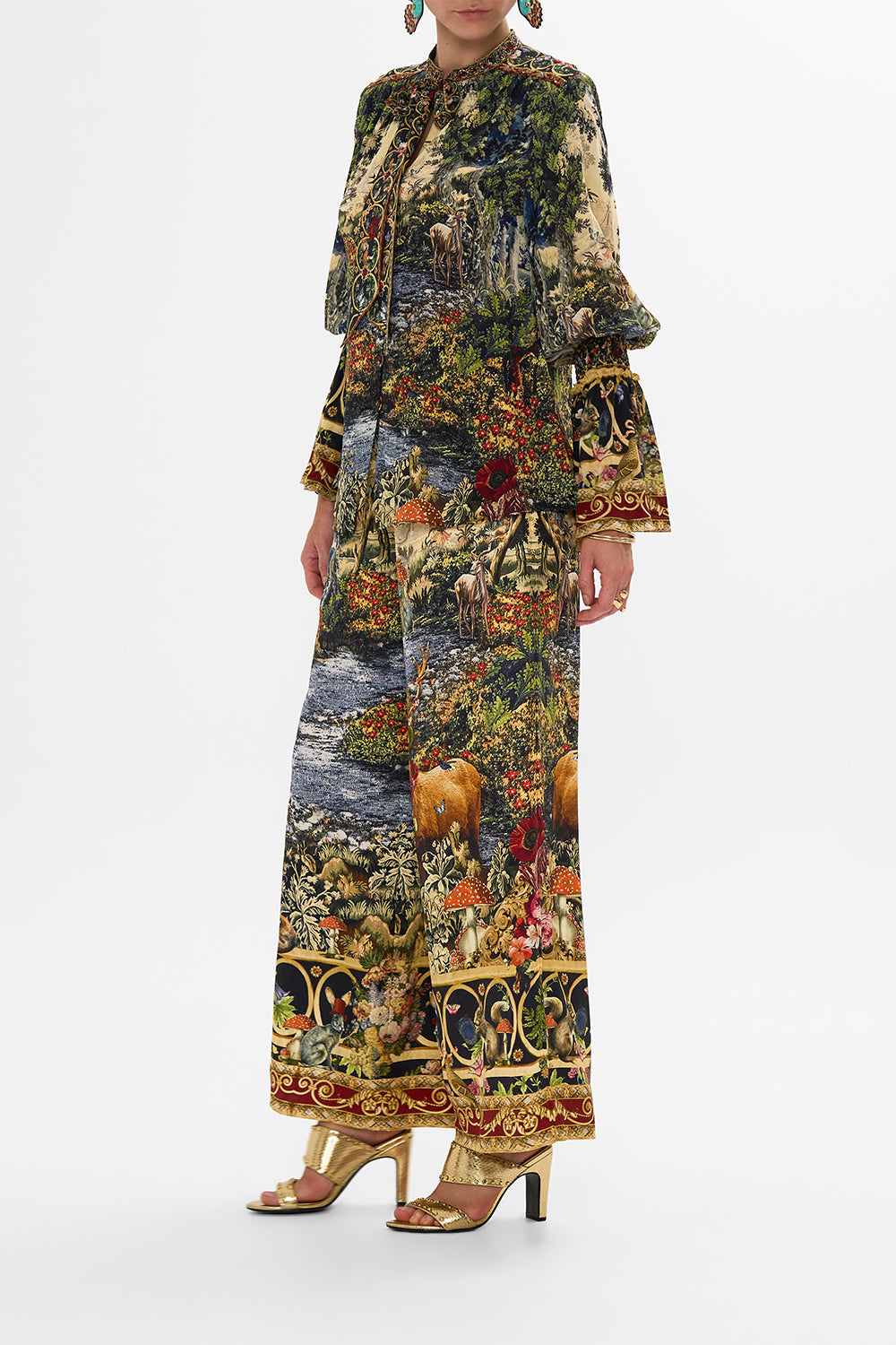 CAMILLA Black Elastic Sleeve Tie Front Blouse in Tapestry Totems print