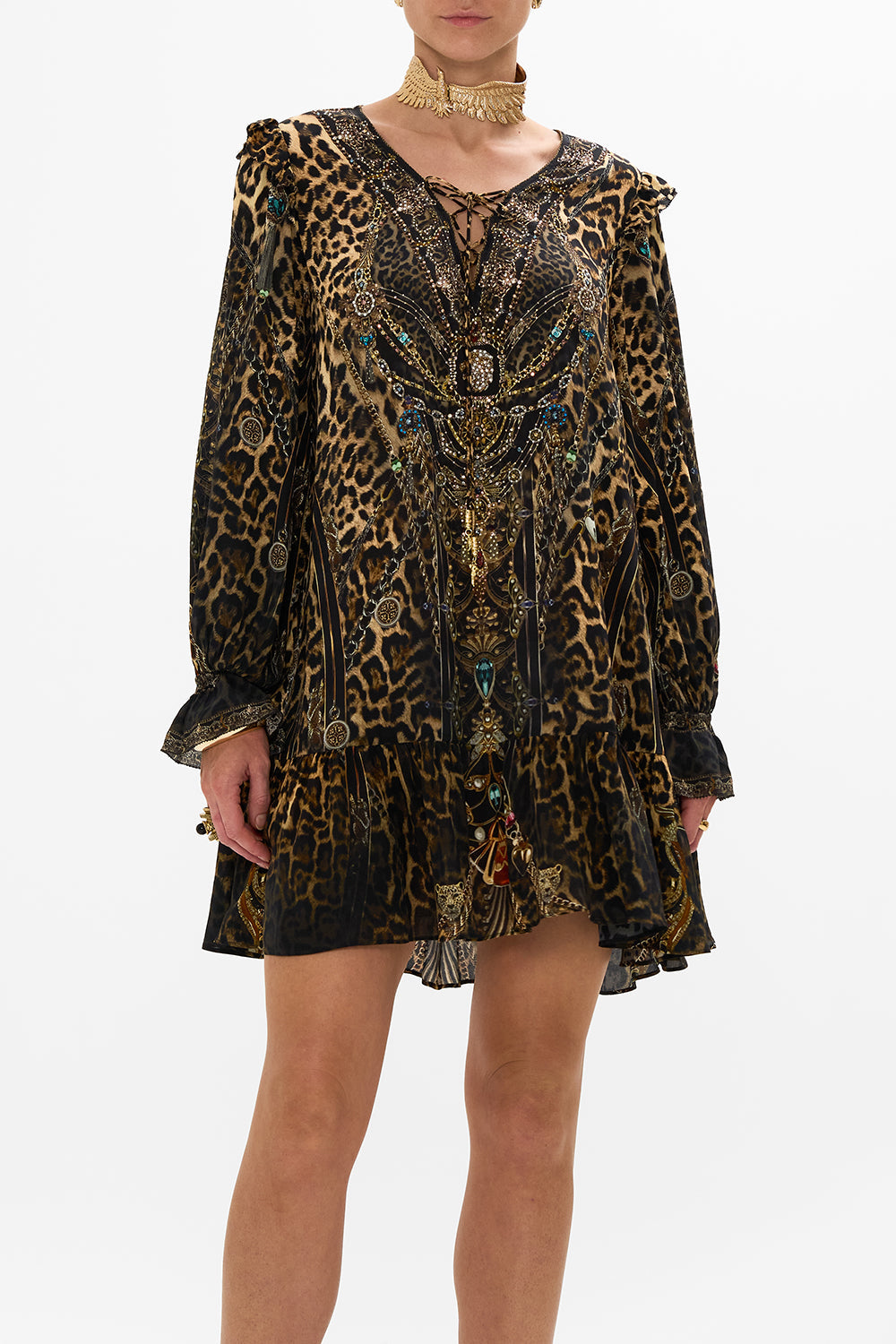 CAMILLA Leopard Ruffle Lace Up Dress in Amsterglam