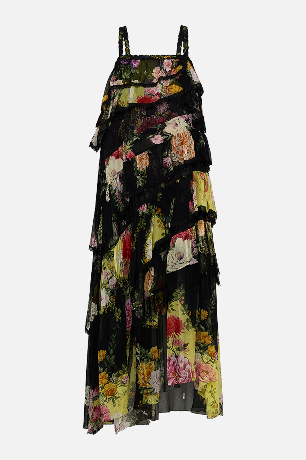 CAMILLA Asymmetric spliced lace dress in Adorned in Alexandria print.