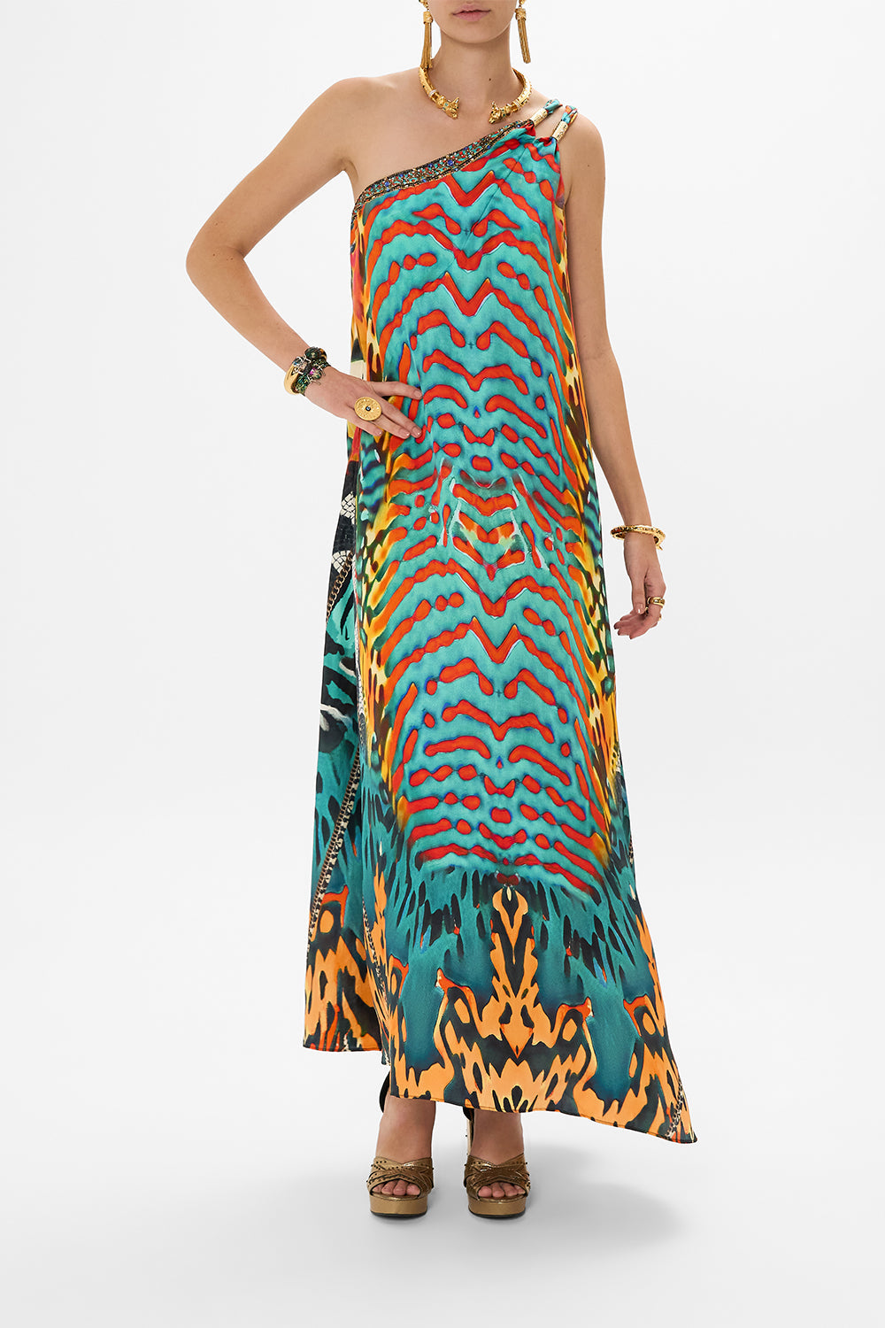 CAMILLA One Shoulder Buckle Dress in Desert Visions print.