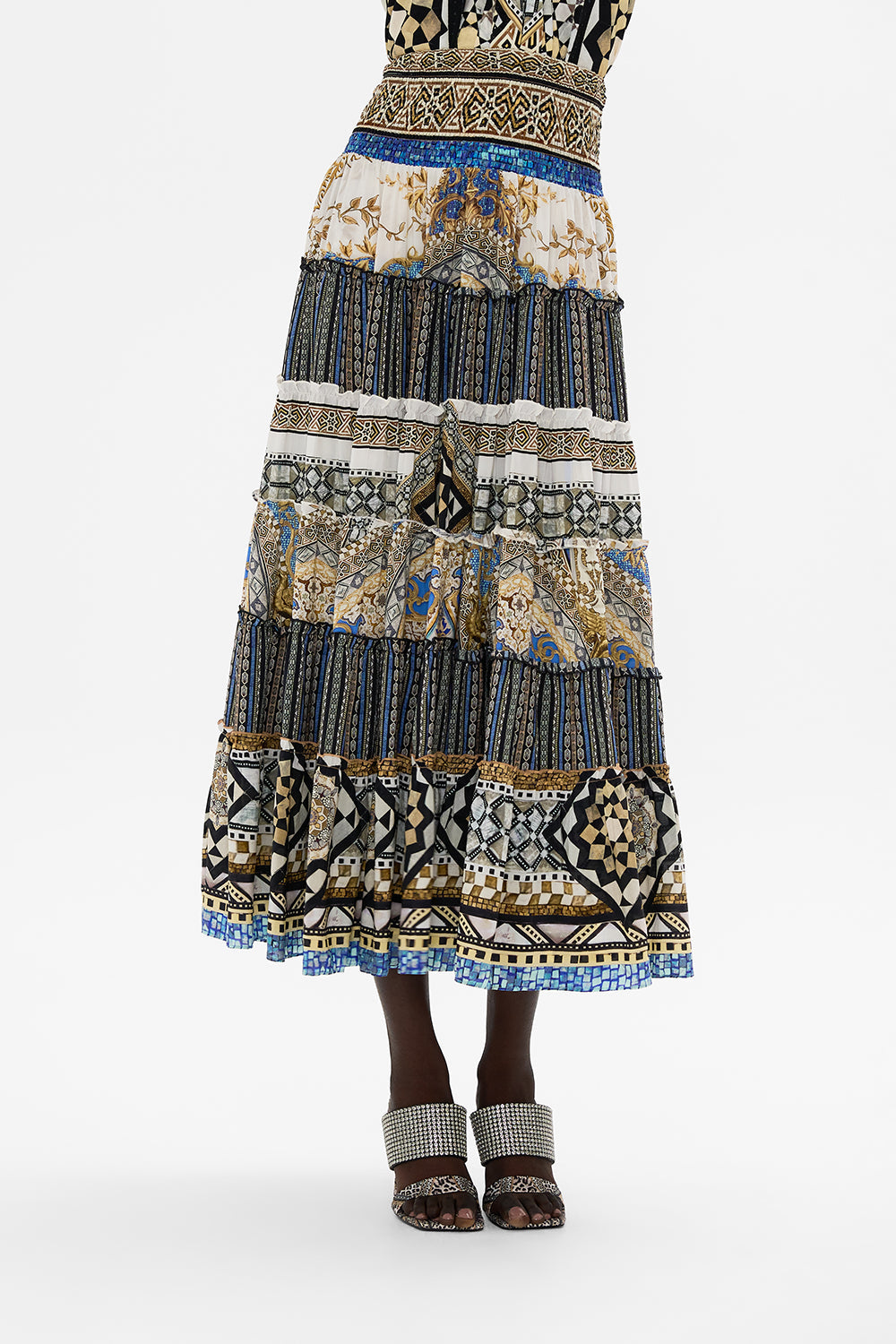 CAMILLA Shirred Waist Tiered Circle Skirt in Make Me Your Mosaic Print.