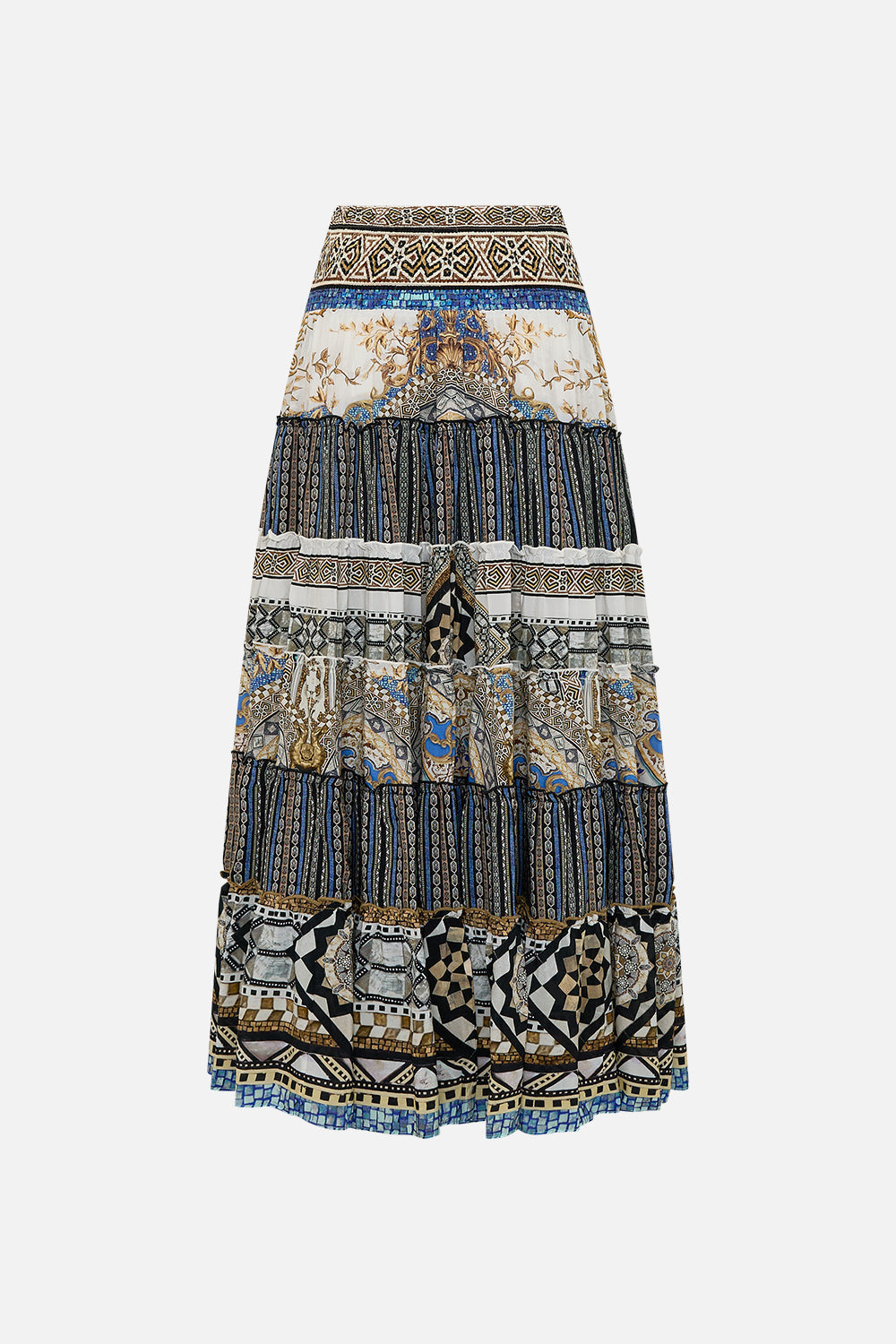 CAMILLA Shirred Waist Tiered Circle Skirt in Make Me Your Mosaic Print.