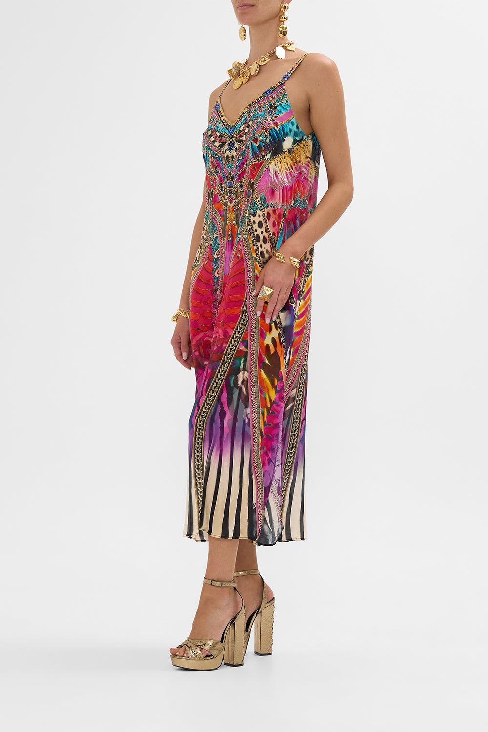 CAMILLA V-Neck Midi Slip Dress in Sahara Supernatural print.