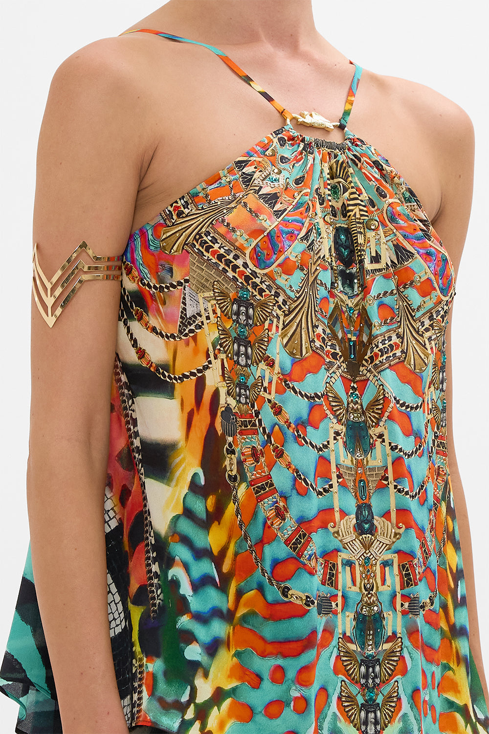 CAMILLA Gather Neck Hardware Top in Desert Visions print.