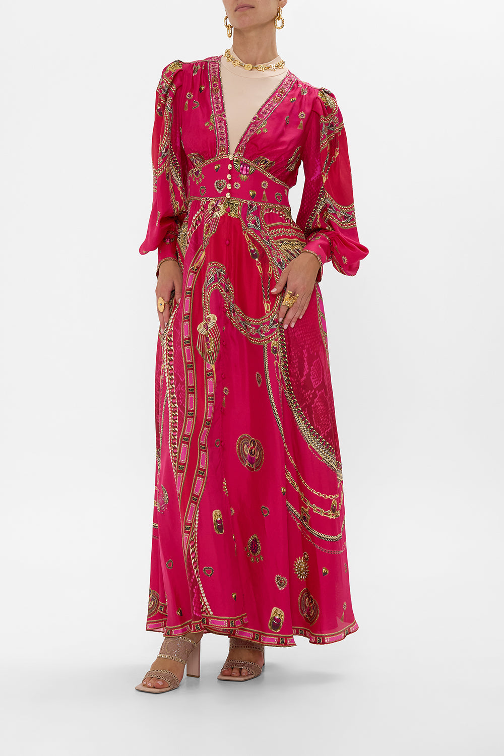 SHAPED WAISTBAND DRESS WITH GATHERED SLEEVES KISSED BY A COBRA