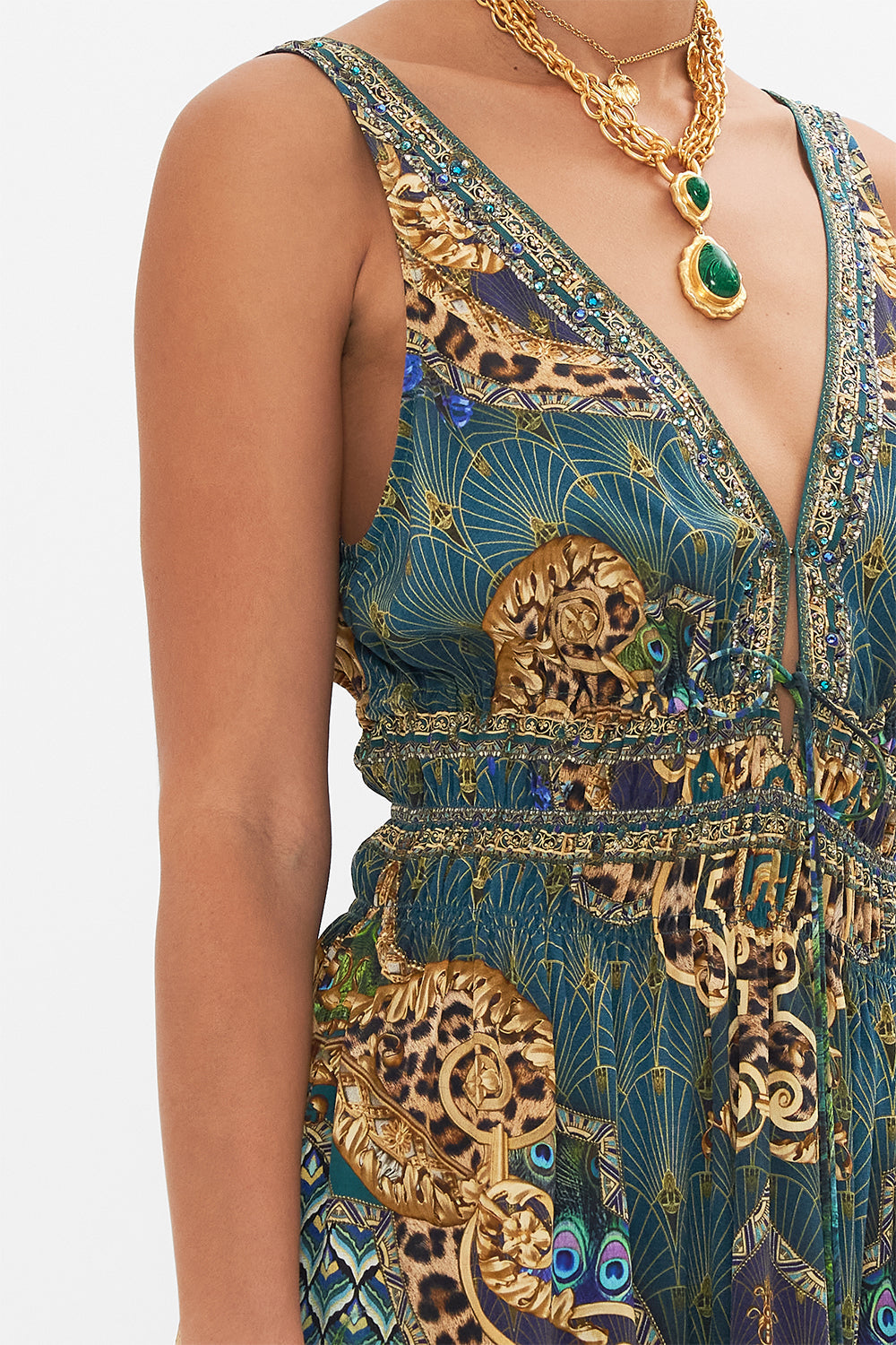 Detail view of model wearing CAMILLA silk maxi dress in Peacock Rock print