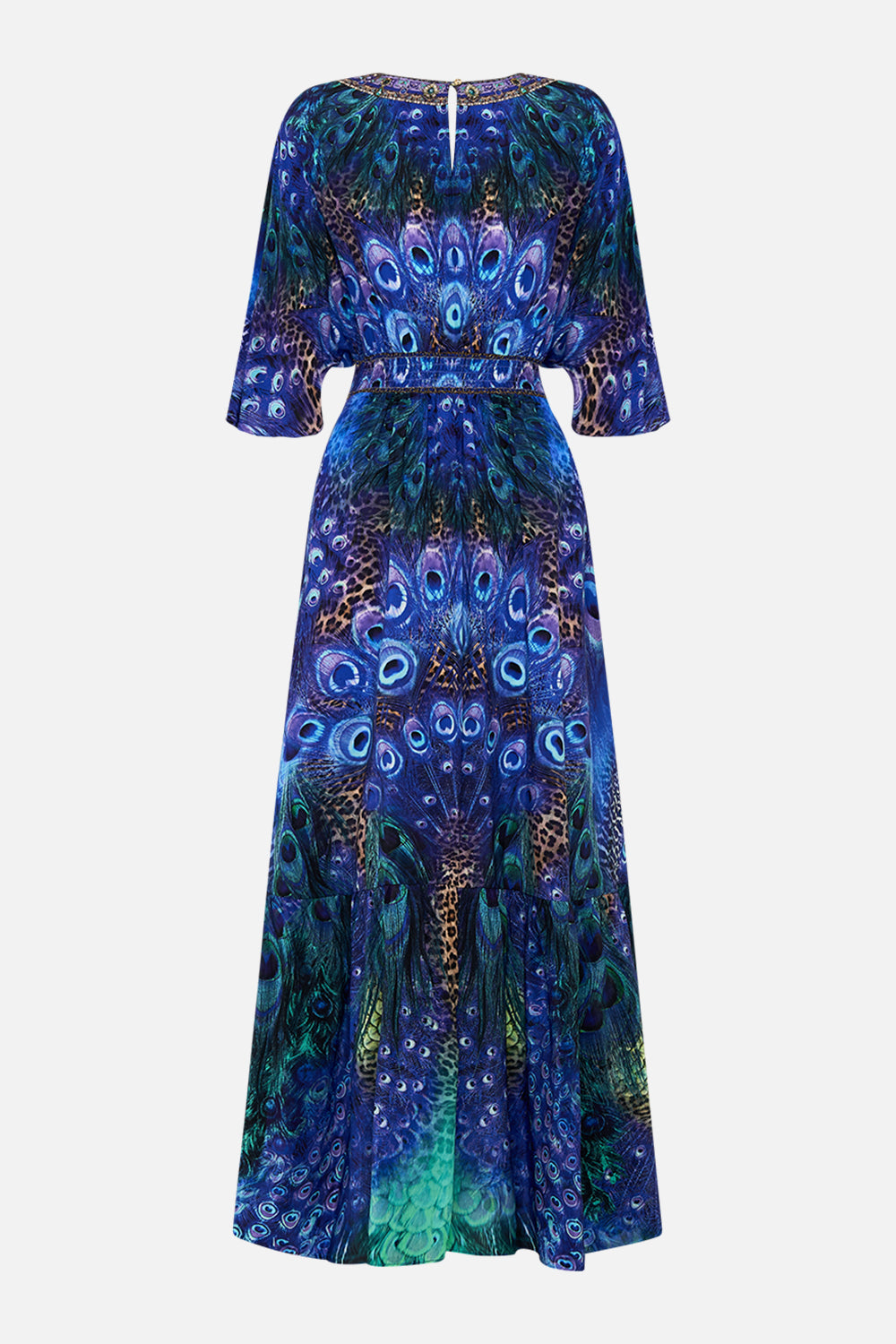 WAISTED DRESS WITH HEM RUFFLE PEACOCK ROCK