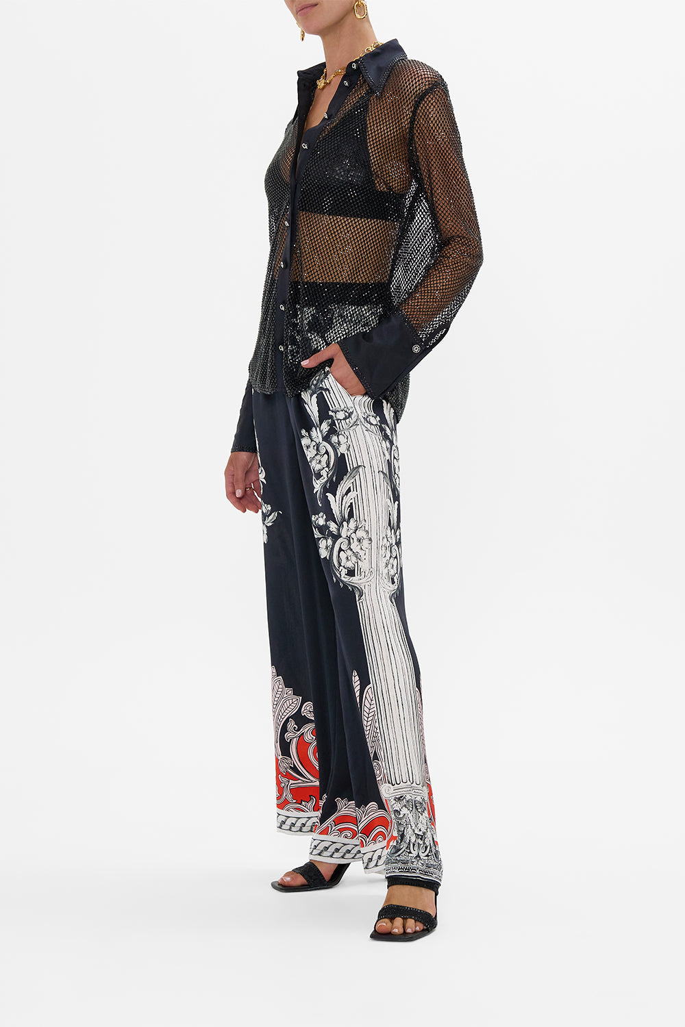 CRYSTAL MESH SHIRT WITH SILK CONTRAST MARK OF MEDUSA