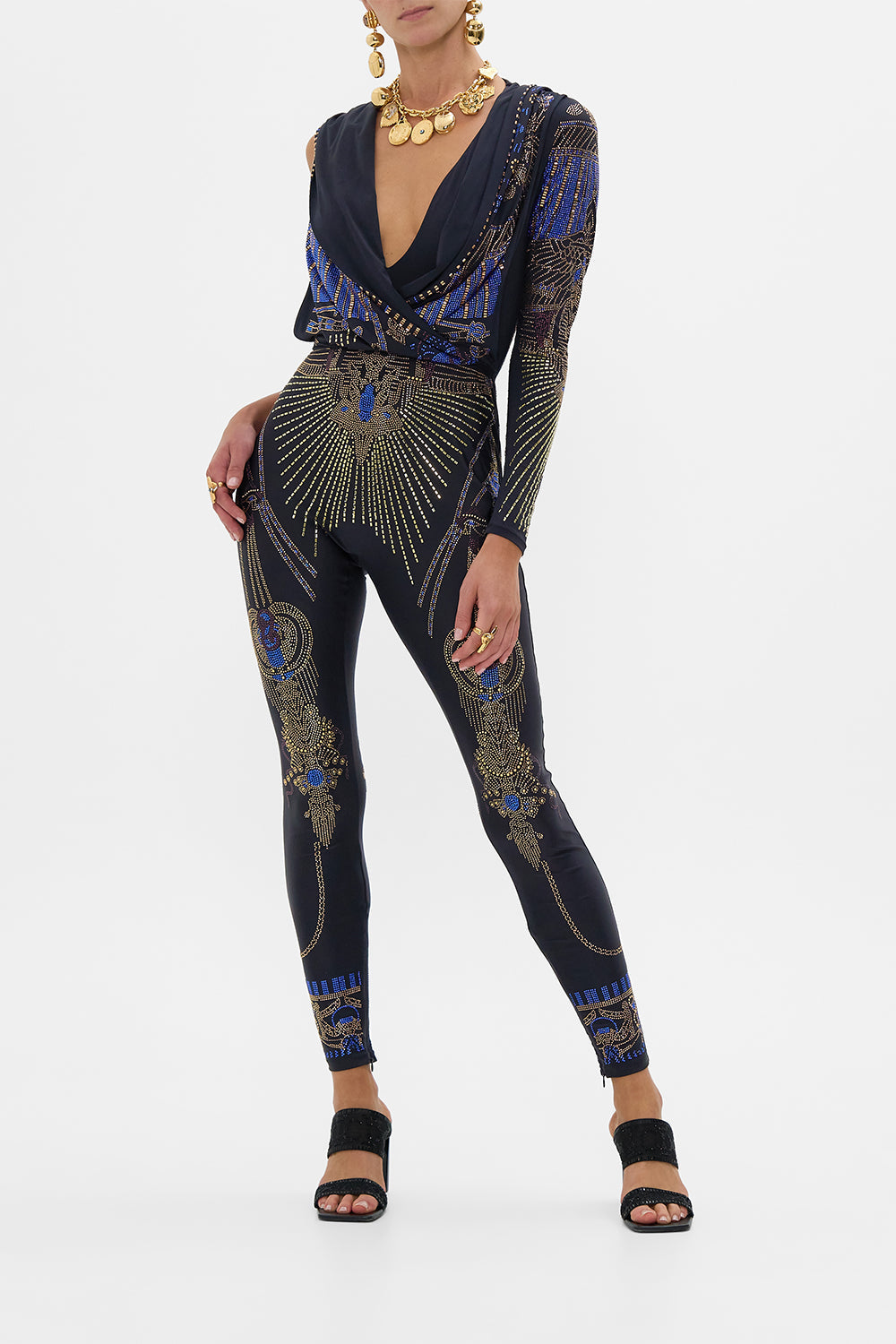 CAMILLA One Sleeve Hooded Catsuit in Solid Black print