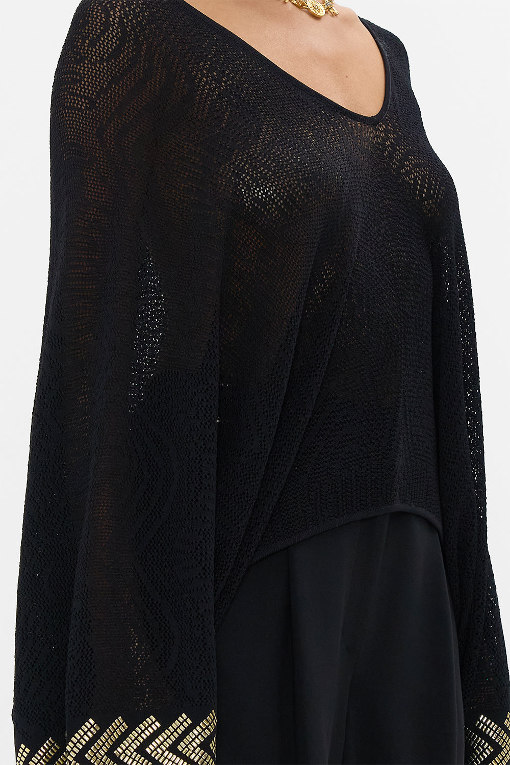 CAMILLA Relaxed V Neck Knot Pointelle Top in Cat Worship print.