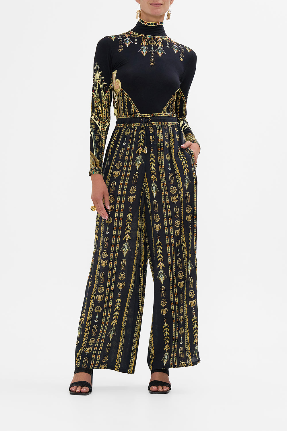 CAMILLA Black/Gold Straight Leg Pant in They Called Her Nefertari print