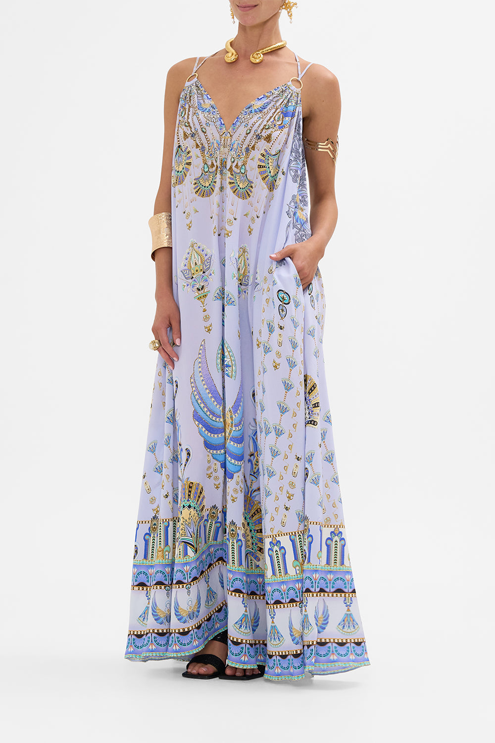 CAMILLA Lilac Ring Detail Strap Dress in Under Scarab Skies print