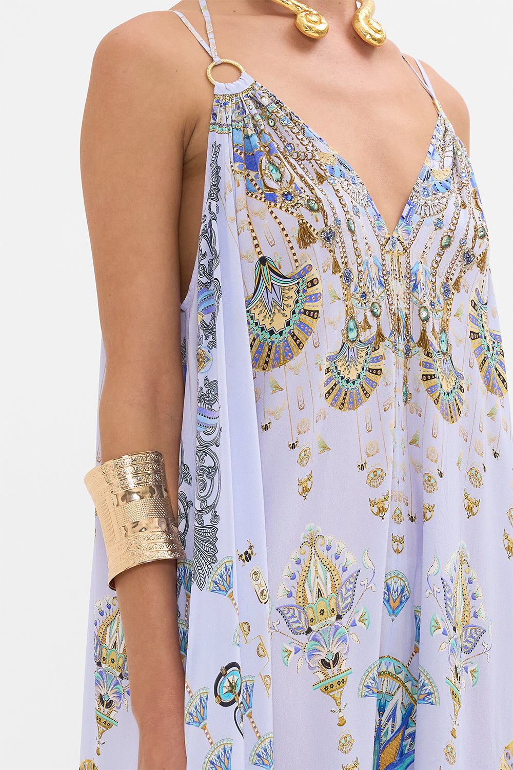 CAMILLA Lilac Ring Detail Strap Dress in Under Scarab Skies print