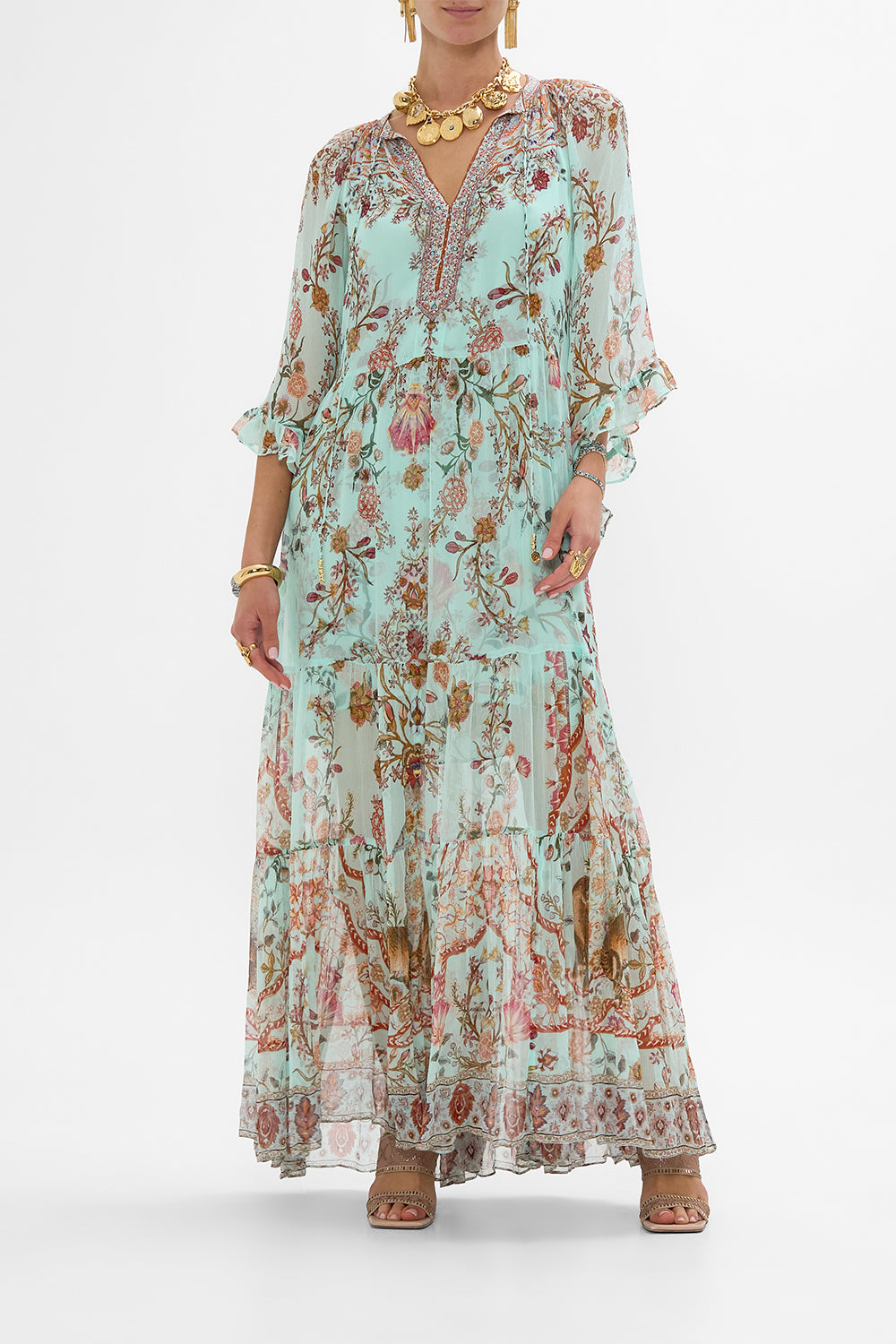 CAMILLA Wide Sleeve Gathered Dress in Weaving Worlds print