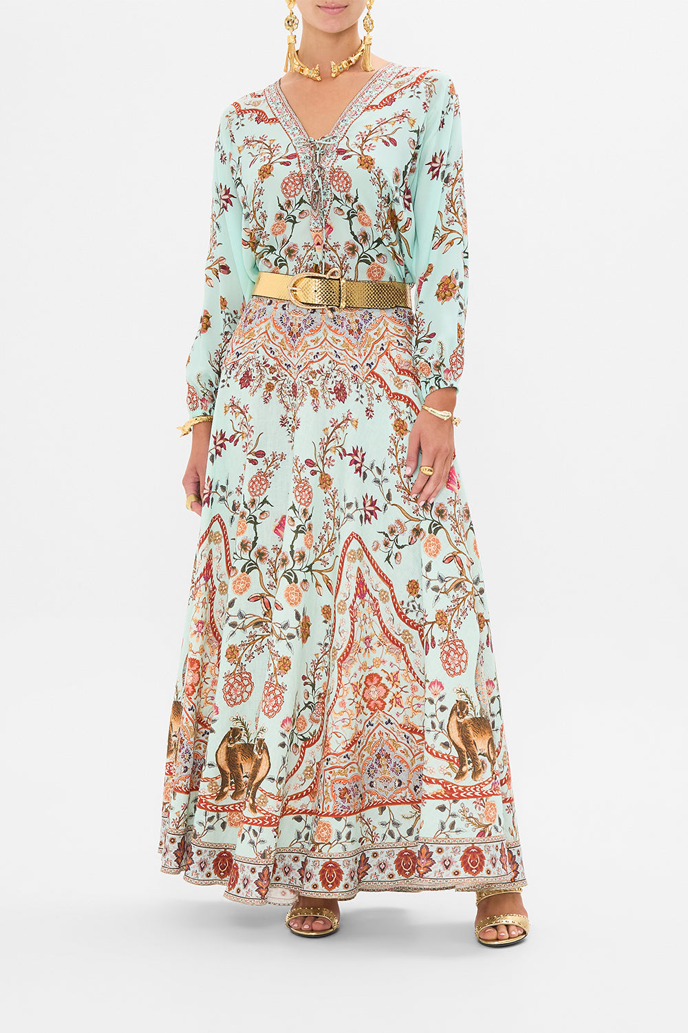 CAMILLA Lace Up Blouse in Weaving Worlds print