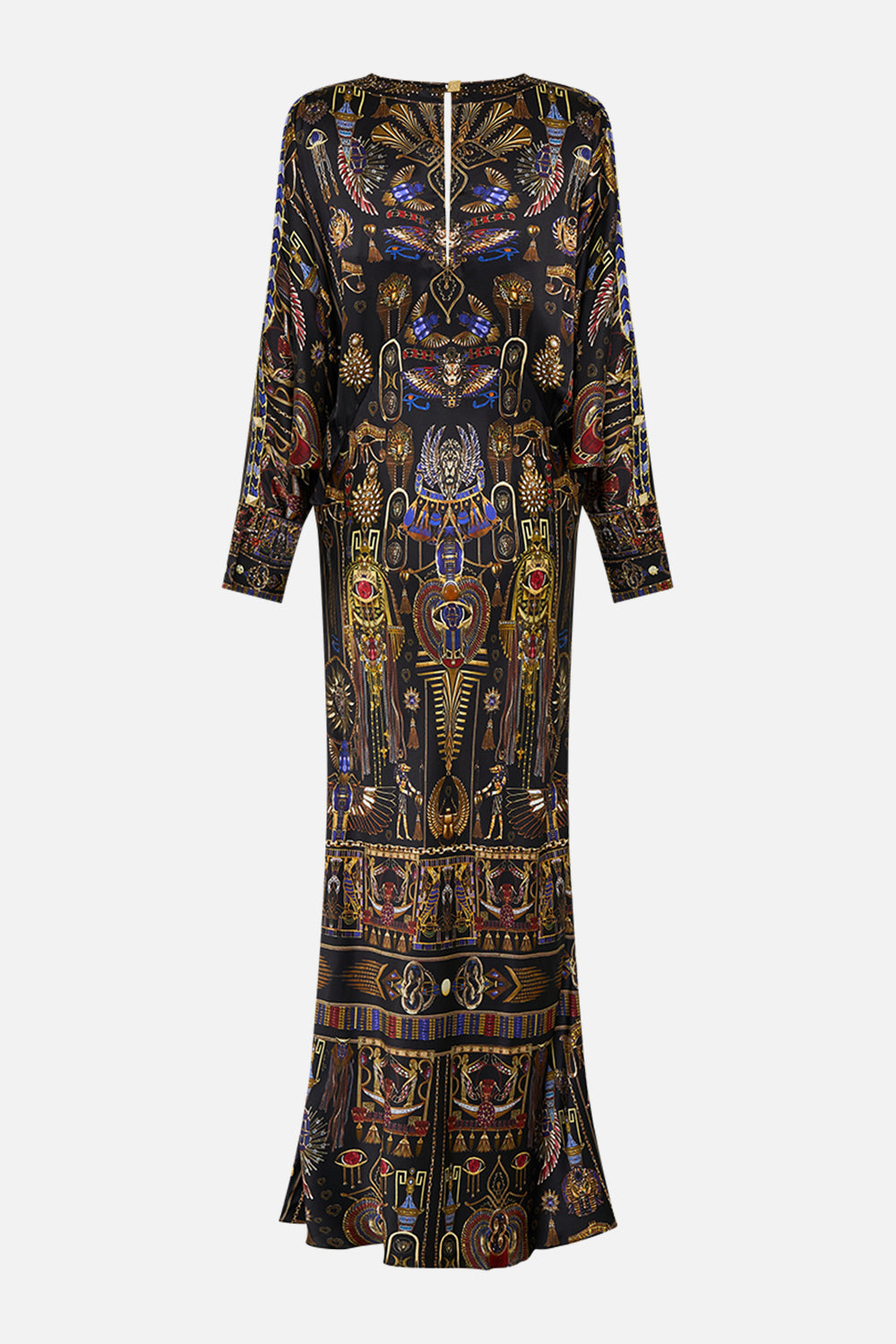 CAMILLA Plunge Neck Draped Shoulder Dress in Cartouche Kingdom print.