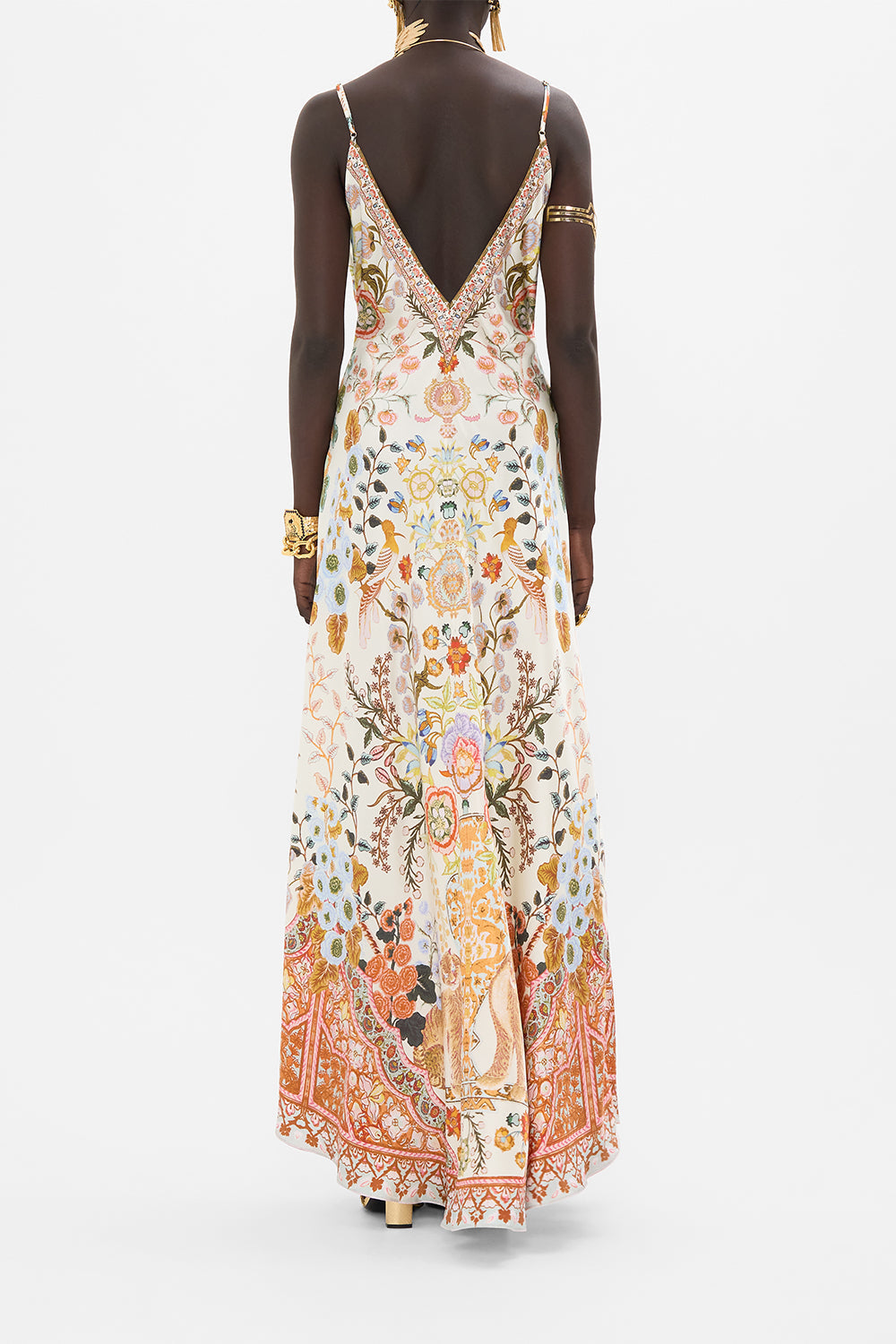 CAMILLA V Neck Long Bias Slip Dress with Train in Honour of Heirlooms print