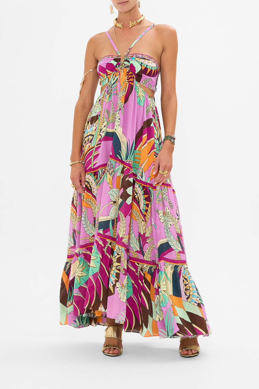 CAMILLA Gathered Cut Out Dress in Giza Goddess print.