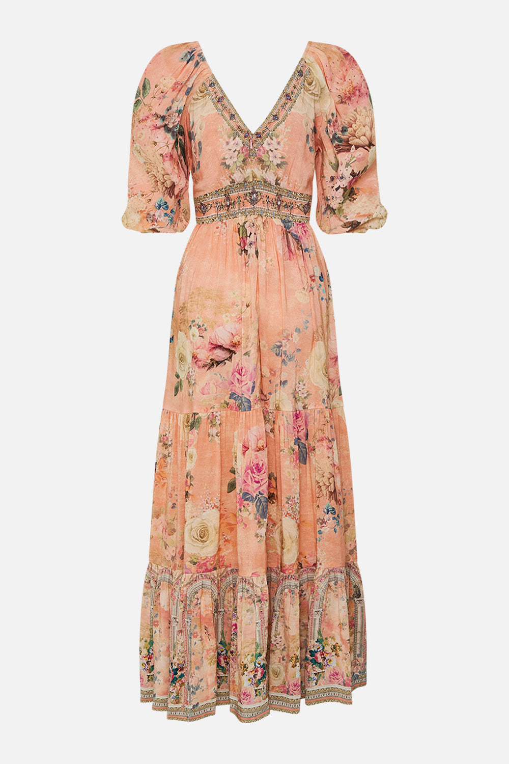 CAMILLA Floral Tiered Puff Sleeve Dress in The Jewellery Palace print.