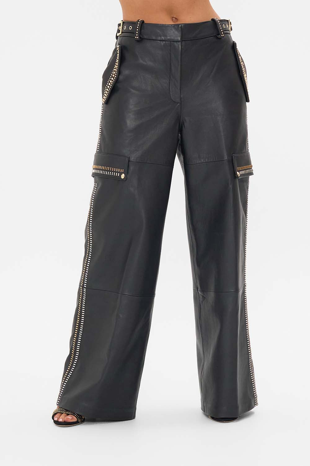CAMILLA Black Leather Utility Pant in They Called Her Nefertari print