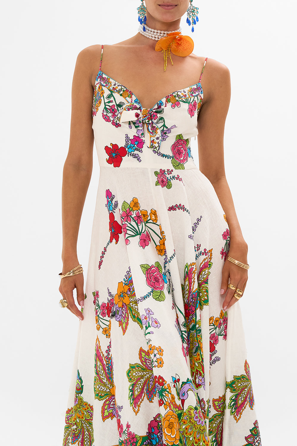 CAMILLA retro floral long dress with tie-front in Cosmic Prairie print.