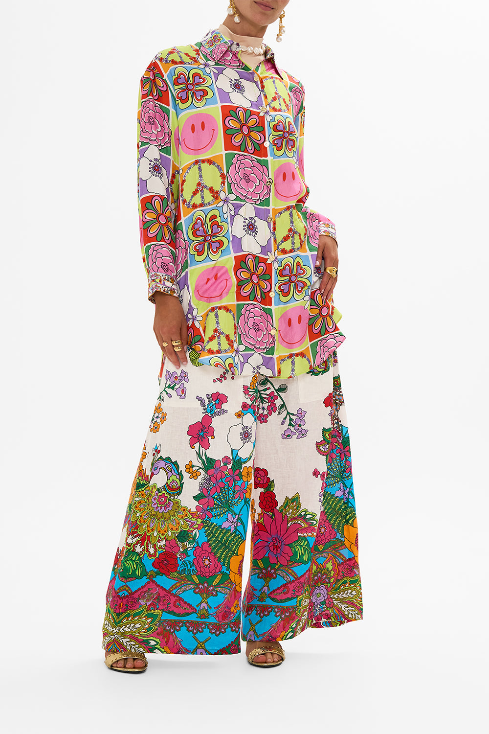 CAMILLA retro floral wide leg trouser with front pockets in Cosmic Prairie print.