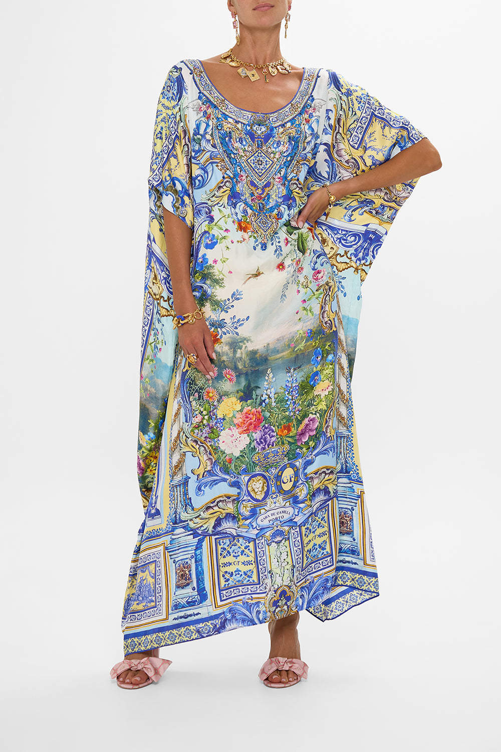 CAMILLA Round Neck Kaftan in Wall To Wall Wonders print