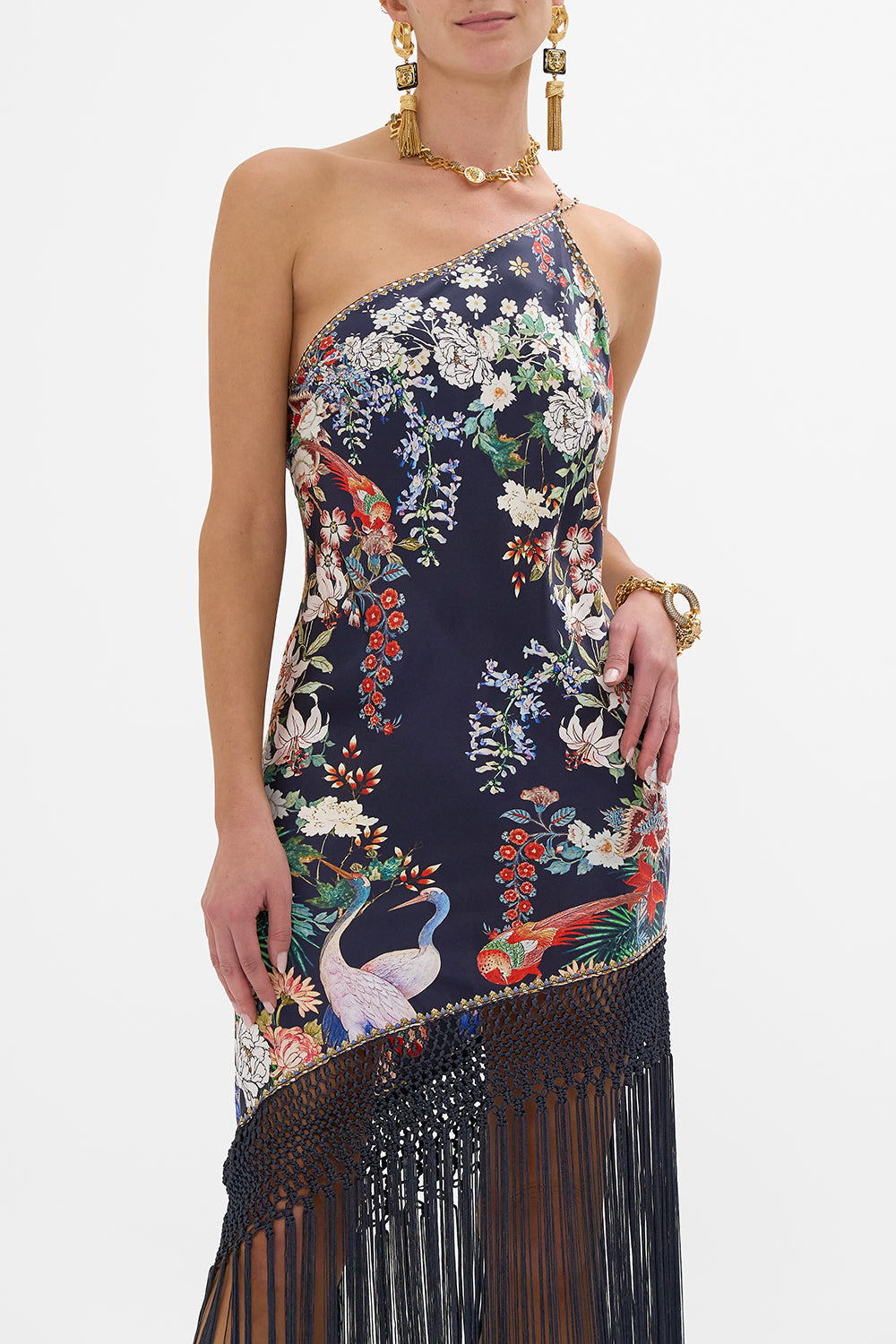 ONE SHOULDER DRESS WITH MACRAME FRINGING PALACIO POETRY