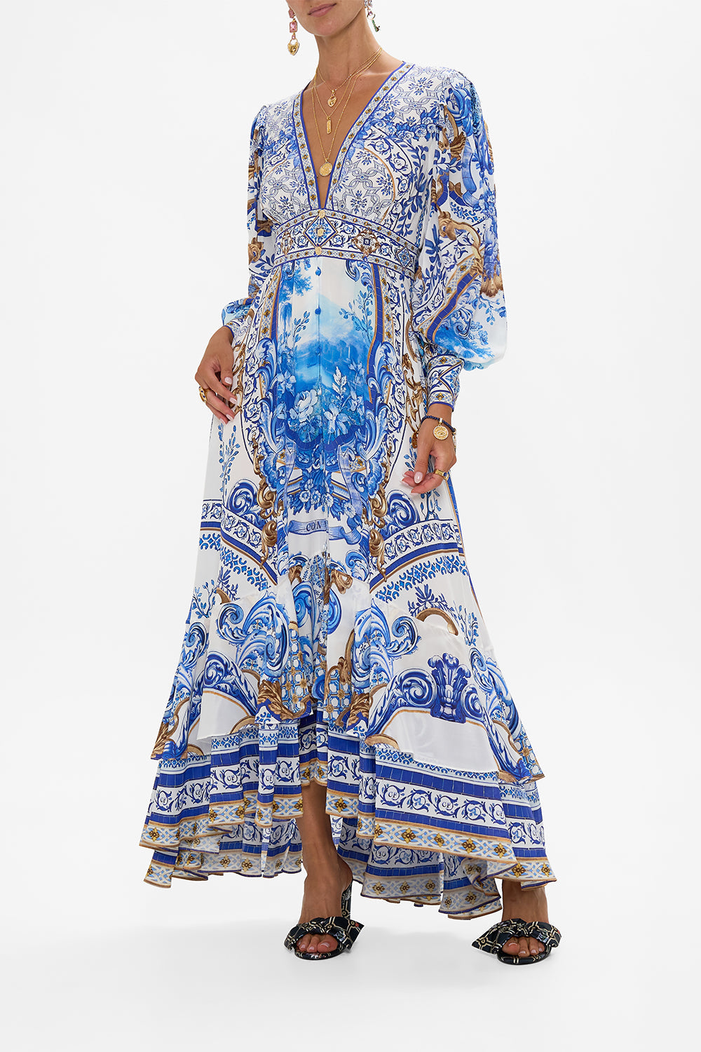 CAMILLA Long Button Front Dress in Azul Adventures print