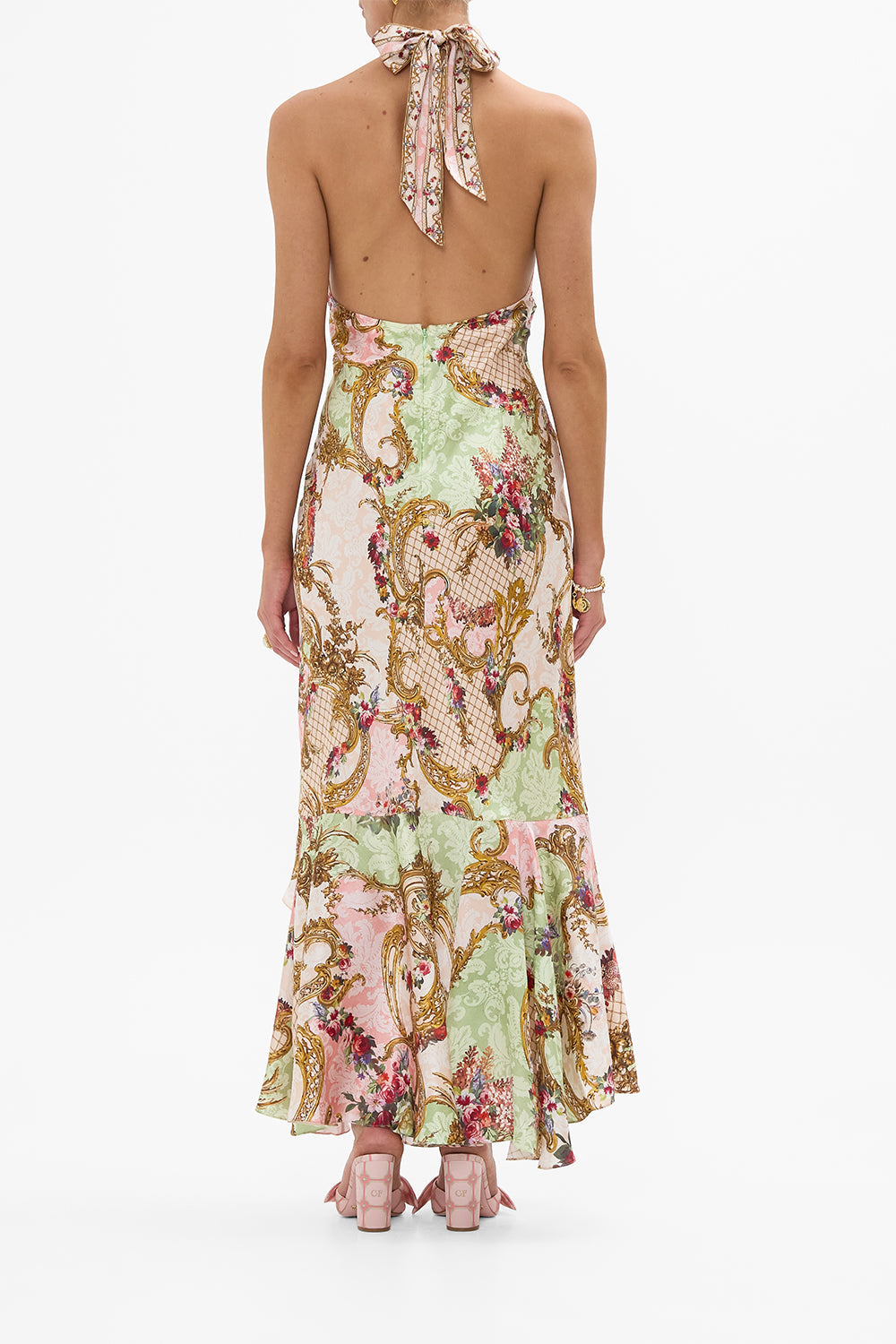 BIAS HALTER DRESS WITH RUFFLE HEM THE QUEENS QUARTERS