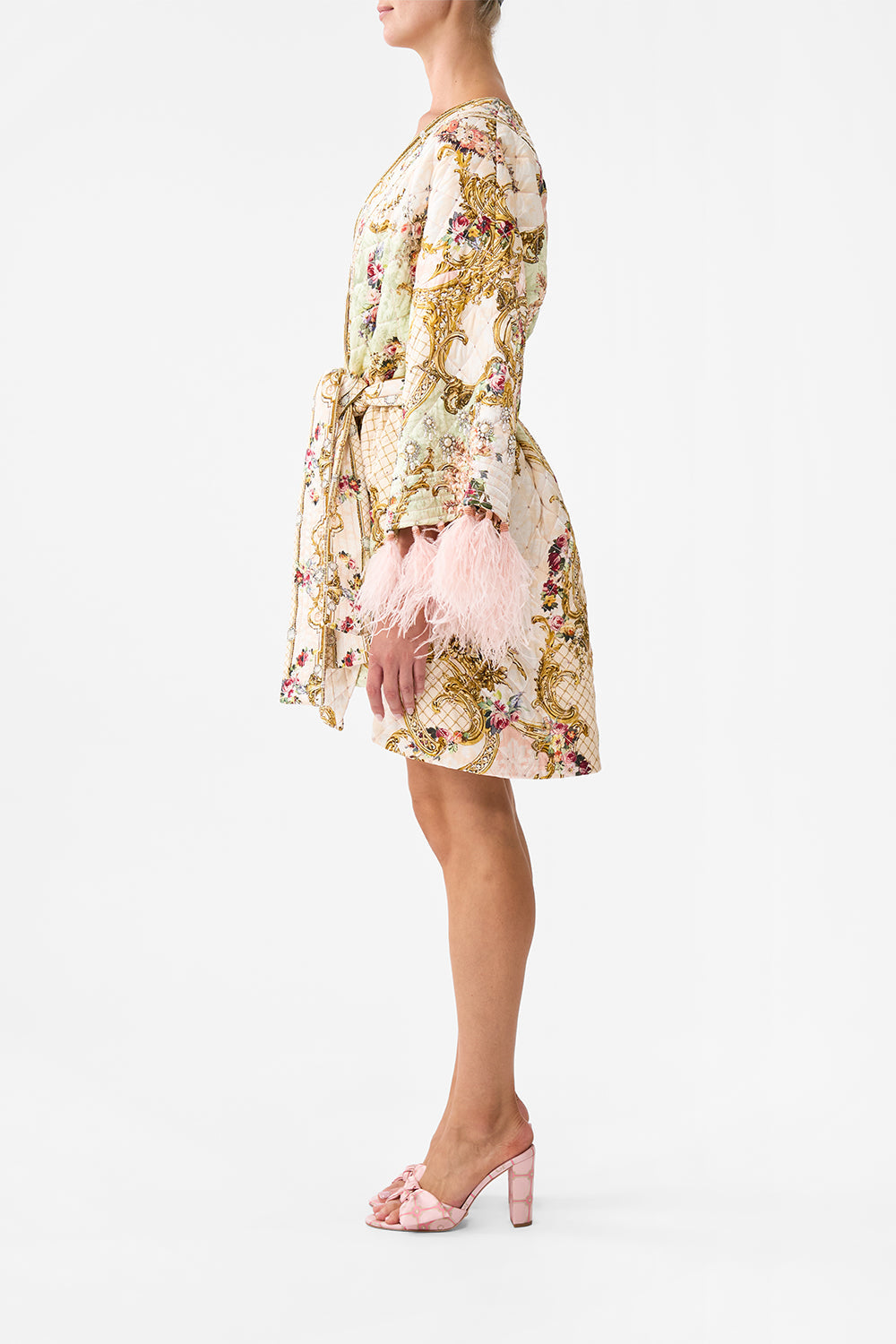 LAYER WITH TIE BELT AND FEATHERS THE QUEENS QUARTERS