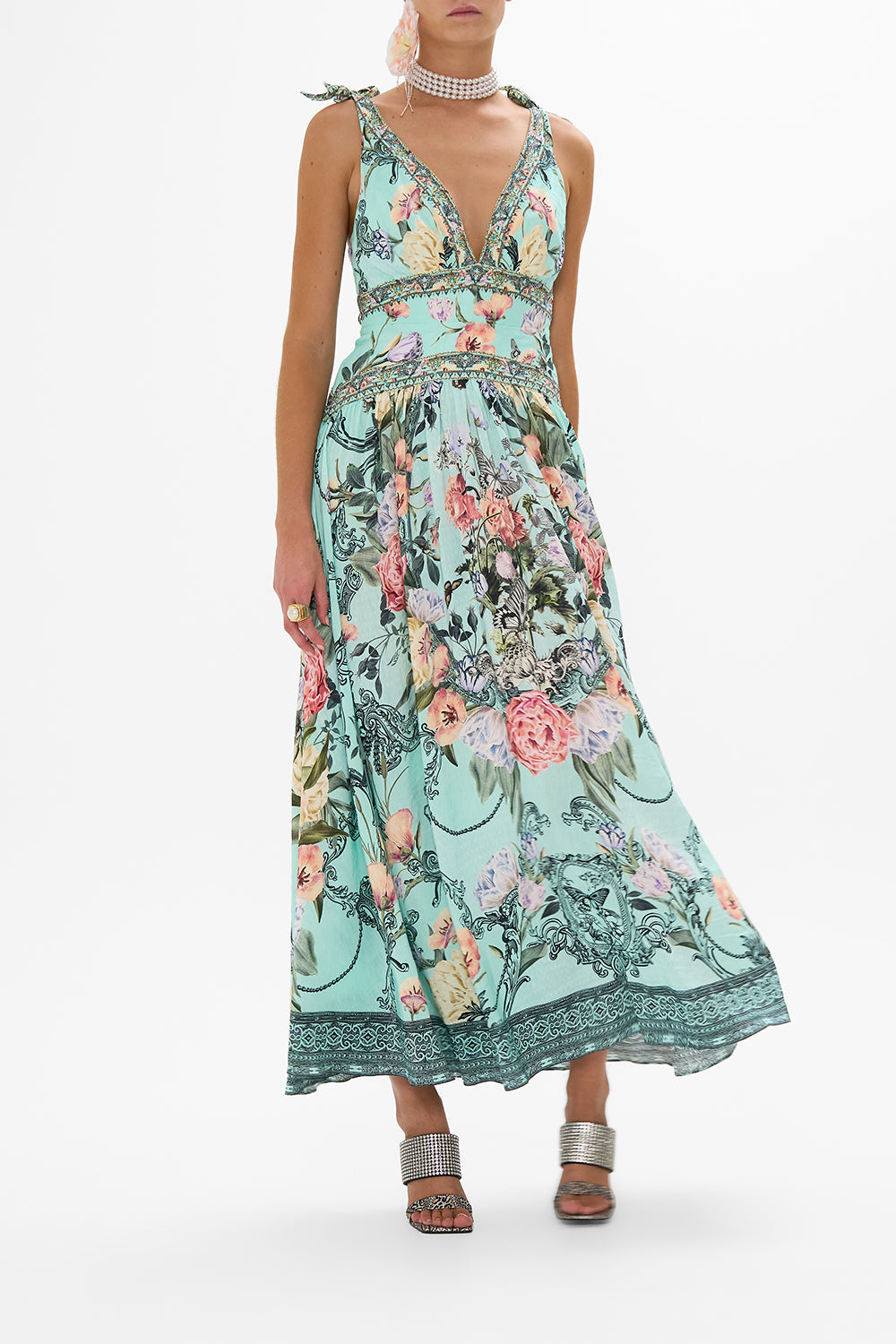 CAMILLA blue tie shoulder dress in Petal Promise Land print.