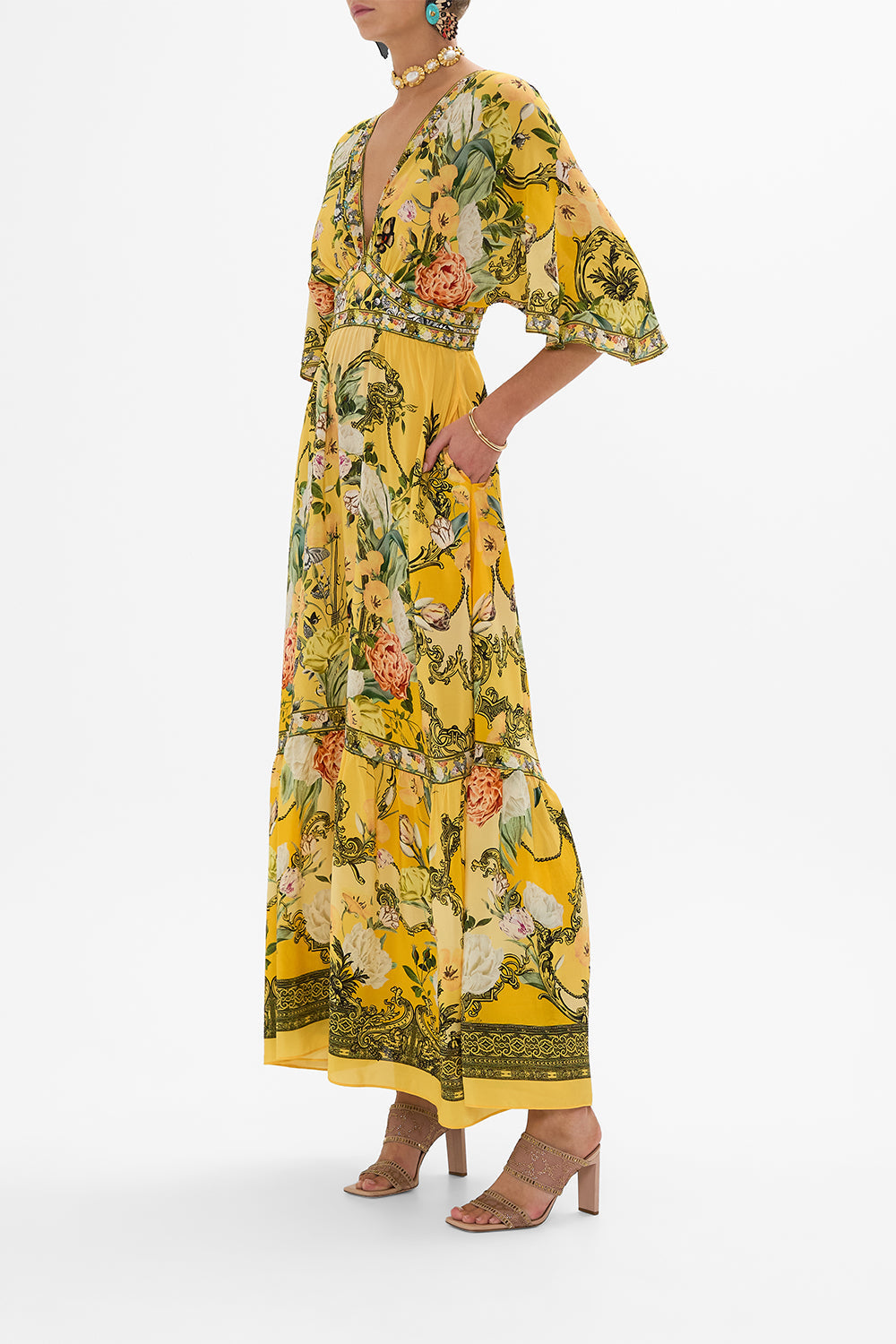 CAMILLA yellow waisted dress with hem ruffle in Paths Of Gold print.