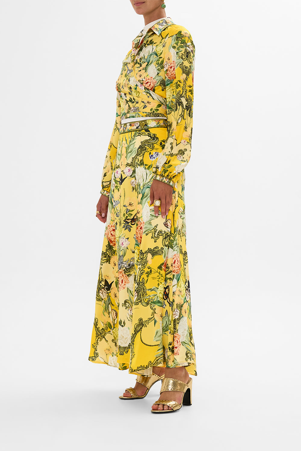 CAMILLA gold cropped wrap shirt in Paths Of Gold print.