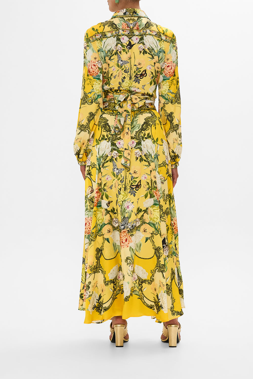 CAMILLA gold cropped wrap shirt in Paths Of Gold print.