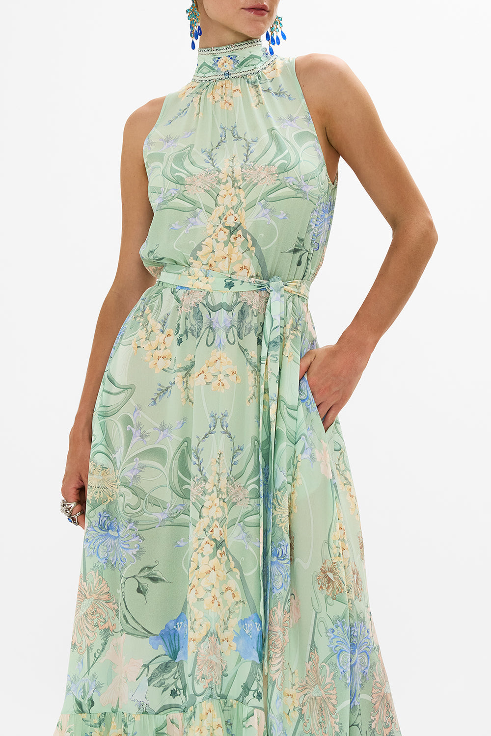 CAMILLA green necktie dress with elasticated waist in Dreaming In Dutch print.