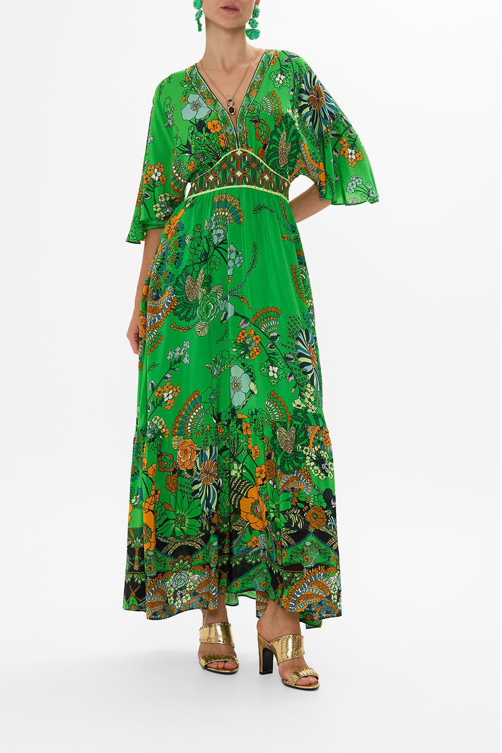 CAMILLA green waisted dress with hem ruffle in Good Vibes Generation print.