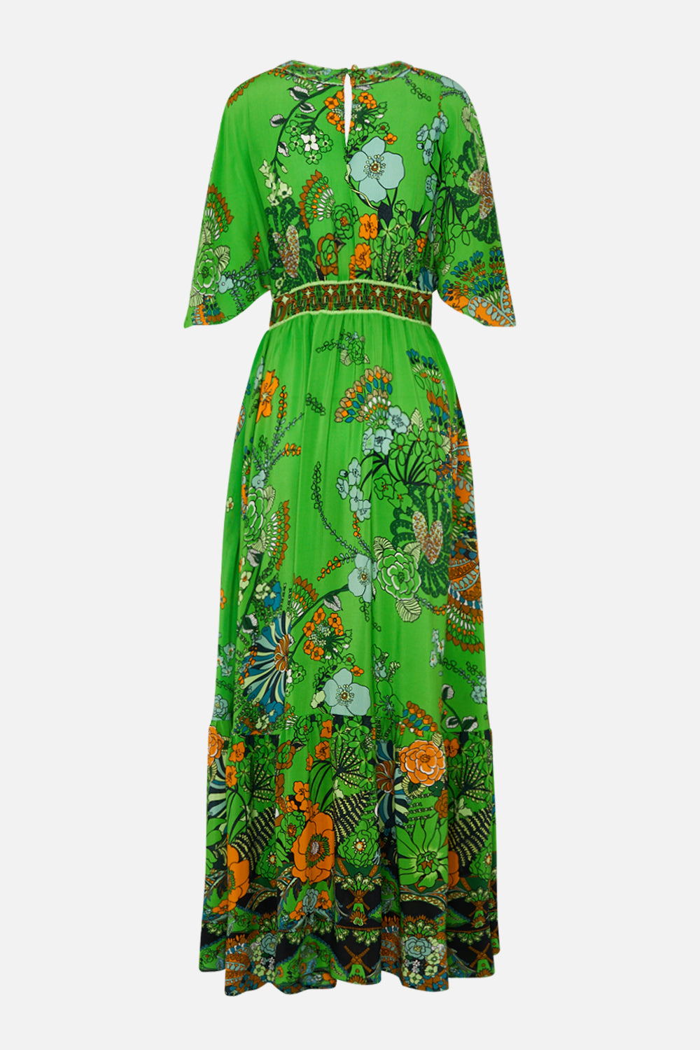 CAMILLA green waisted dress with hem ruffle in Good Vibes Generation print.