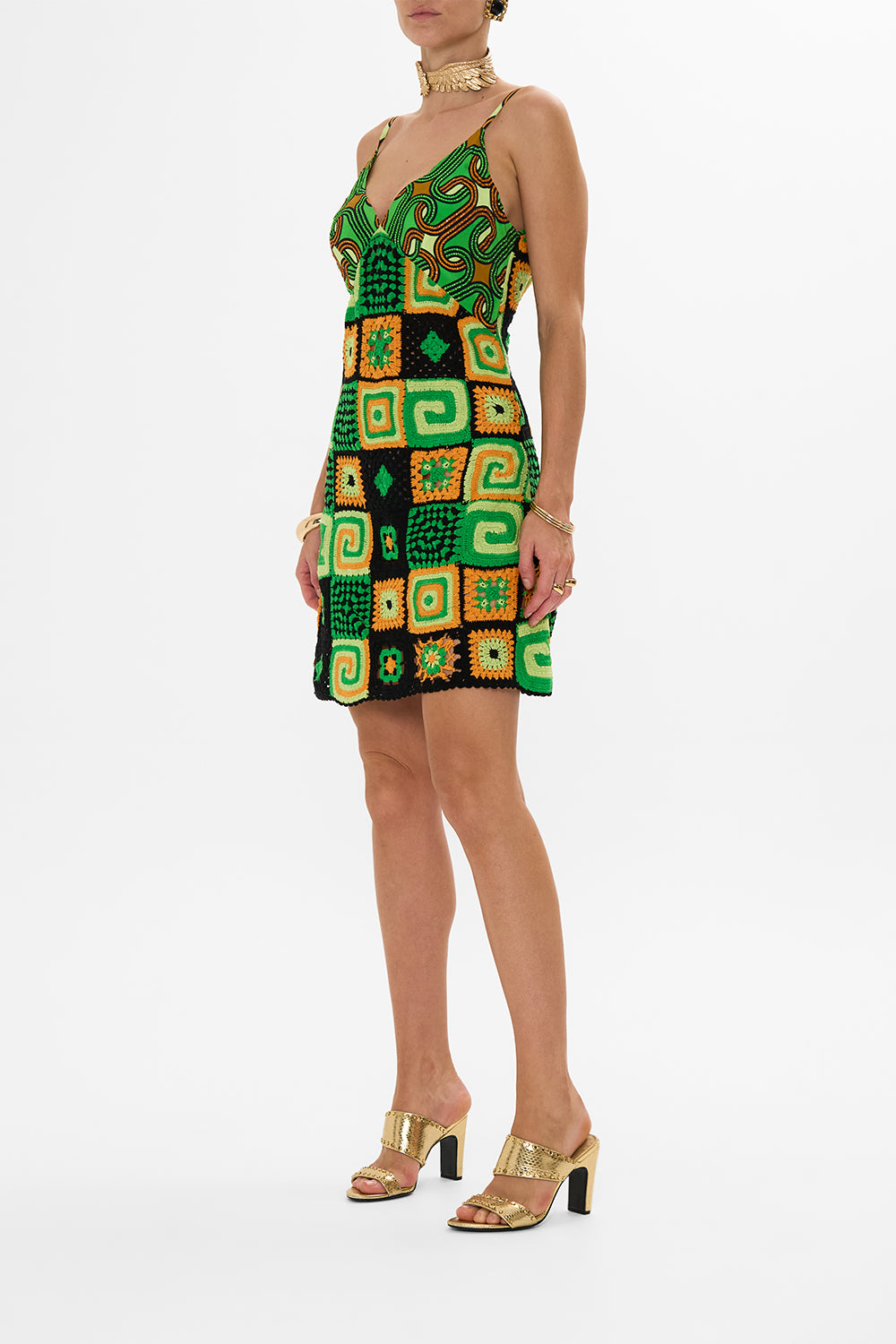 CAMILLA green mini crochet dress with silk top in Good Vibes Generation print.