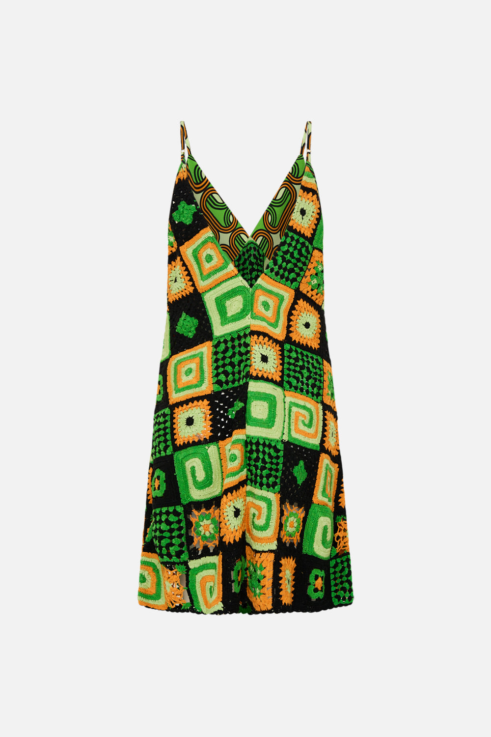 CAMILLA green mini crochet dress with silk top in Good Vibes Generation print.