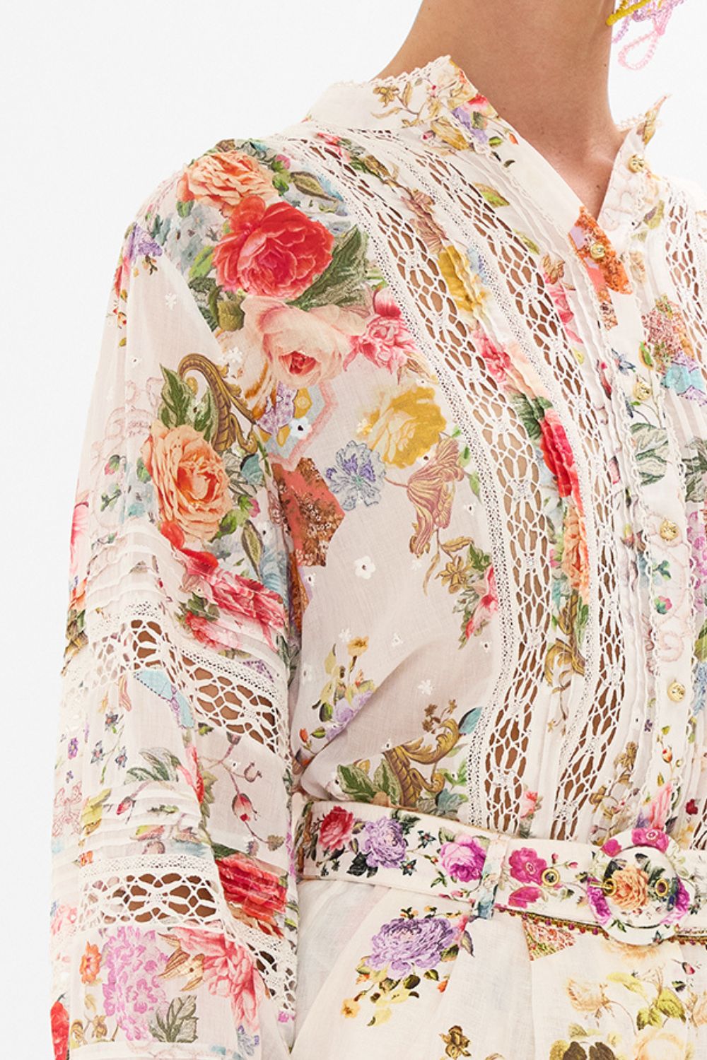 CAMILLA floral blouson sleeve blouse with yoke and pintucks in Sew Yesterday print.