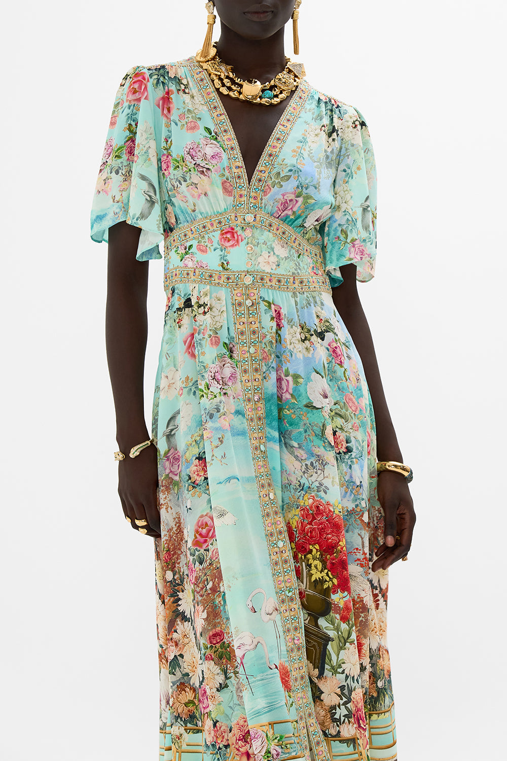 CAMILLA Shaped waistband dress with flutter sleeves in The jewellery museum print.
