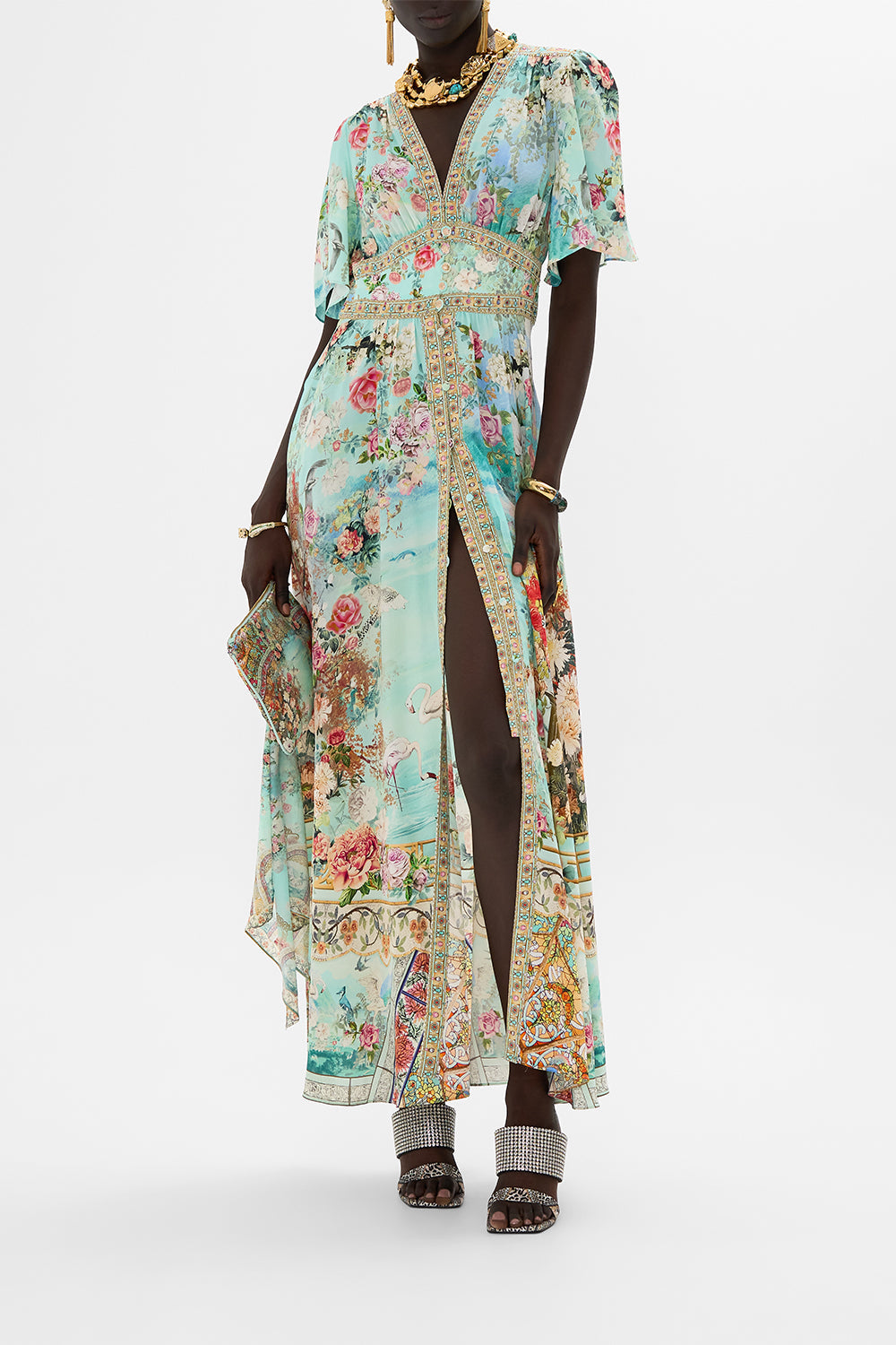 CAMILLA Shaped waistband dress with flutter sleeves in The jewellery museum print.