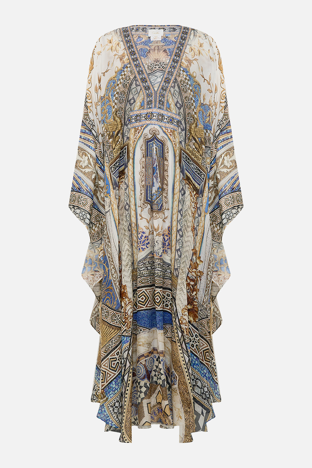 CAMILLA Long Kaftan with Waist Detail in Make Me Your Mosaic Print.