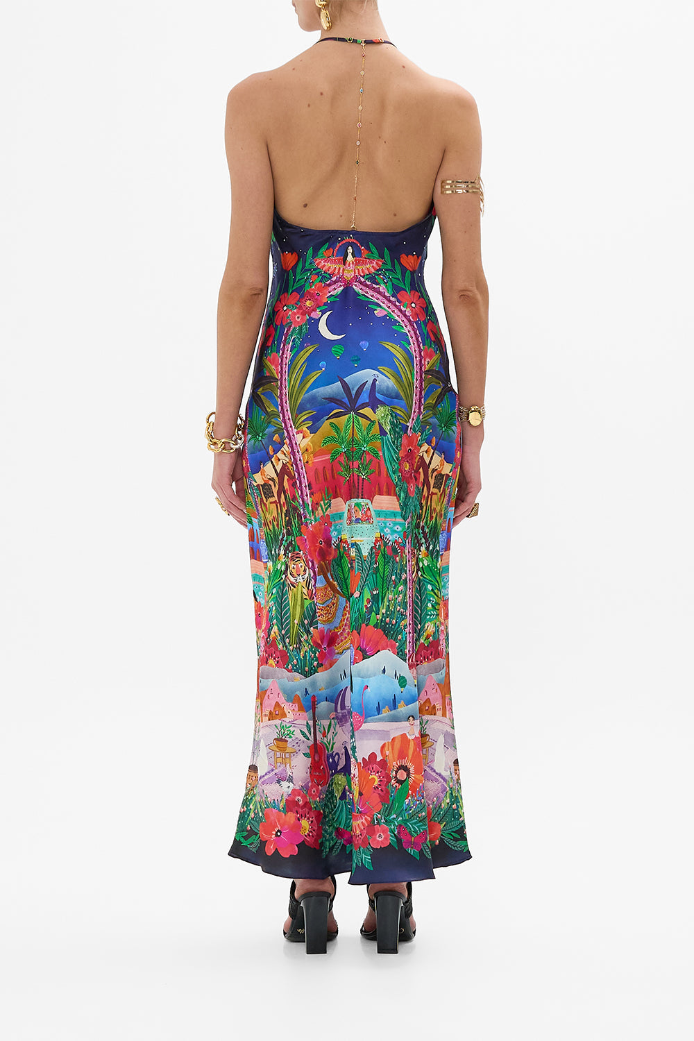 CAMILLA Chain Detail Slip Dress in Midnight Muses print.