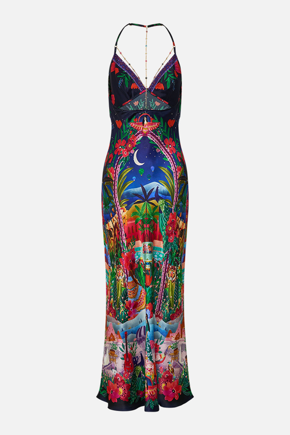 CAMILLA Chain Detail Slip Dress in Midnight Muses print.