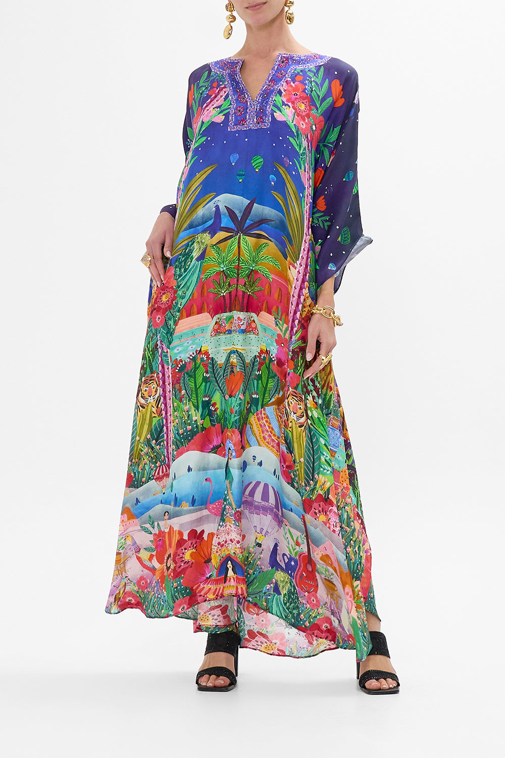 CAMILLA V Neck Kaftan With Front Welt Pockets in Midnight Muses print.